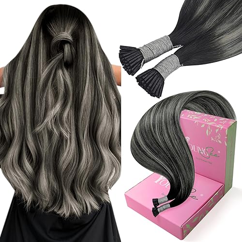 YoungSee I Tip Hair Extensions Human Hair Ombre Black 16 Inch I Tip Hair Extensions Human Hair Balayage Black with Silver Itip Hair Extension 80s 50g Itips Hair Extensions Real Human Hair for Women