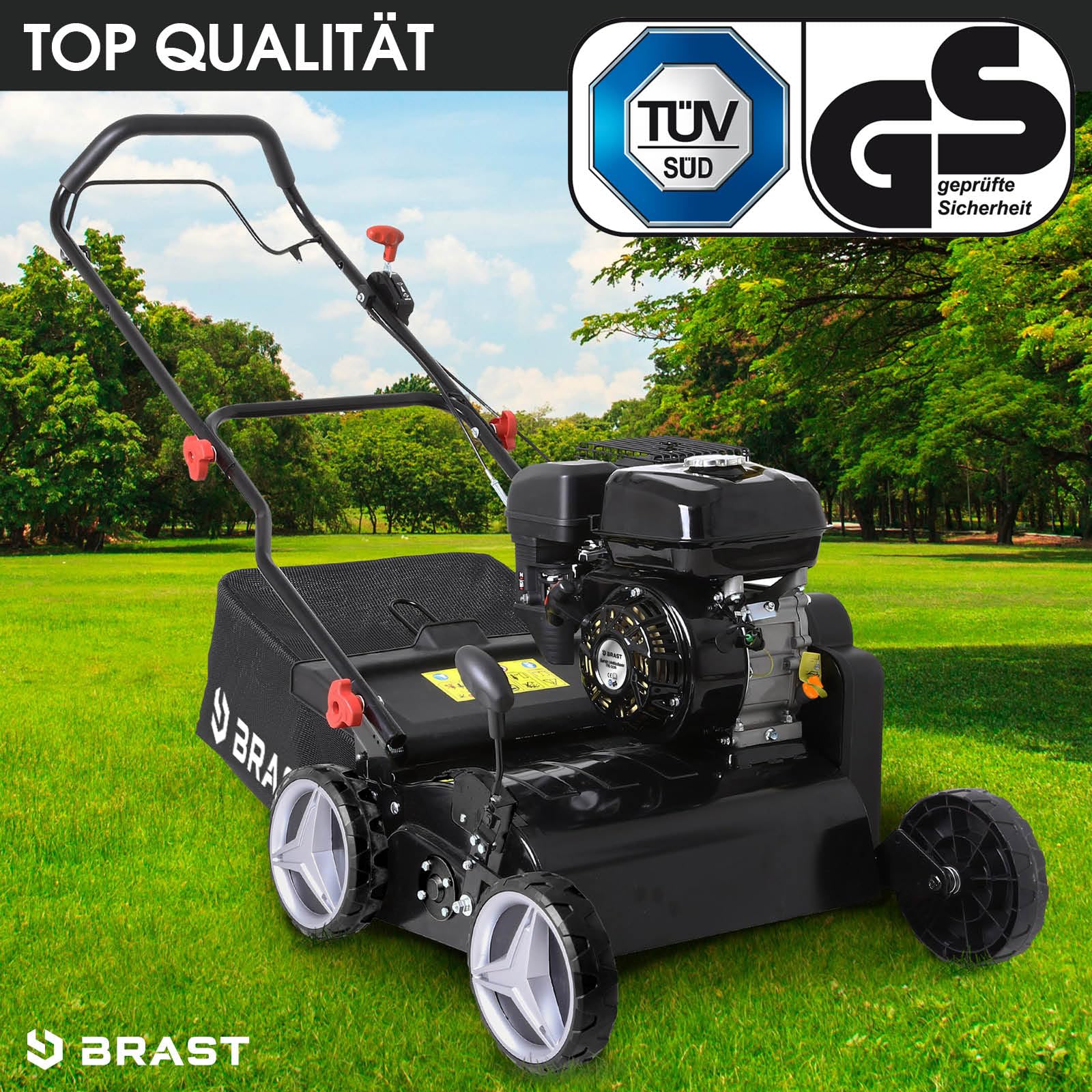 BRAST scarificateur thermique 196cc 4,9ch Motor 4 temps, largeur de travail 38 cm, bac 50 l, carter robuste en metal, prof. regl -12 +12mm émousser gazon - surface jusqu' à 1200m²