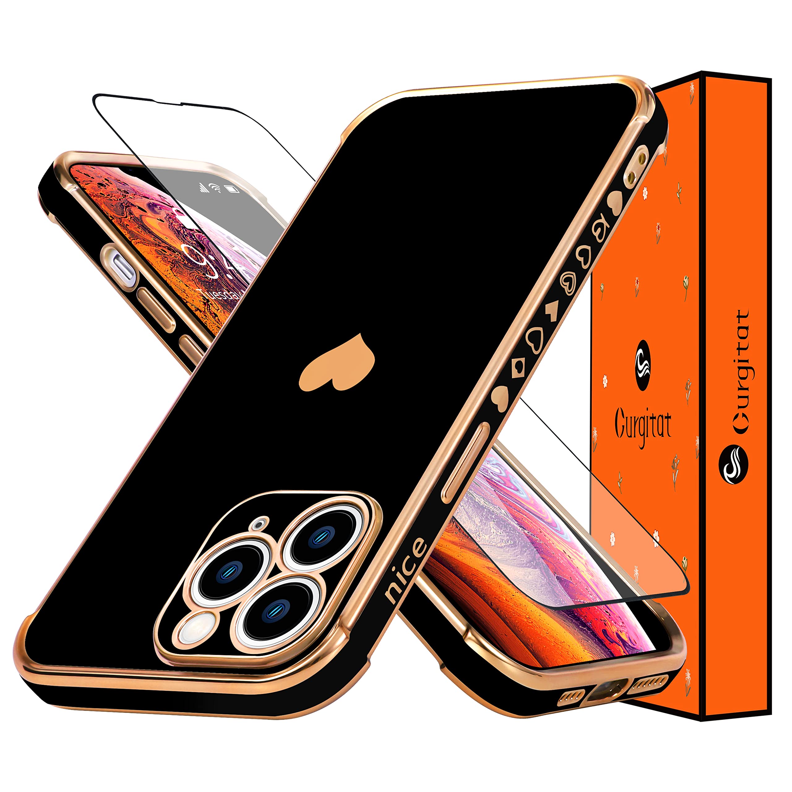 Gurgitat Heart Case for iPhone 13 Pro Max-6.7 Girls Aesthetic Love Hearts Design Pattern Black Gold Cute Cases Girly Designer Pretty Women Trendy Cover+Screen Protector for iPhone 13 Pro Max(2in1)