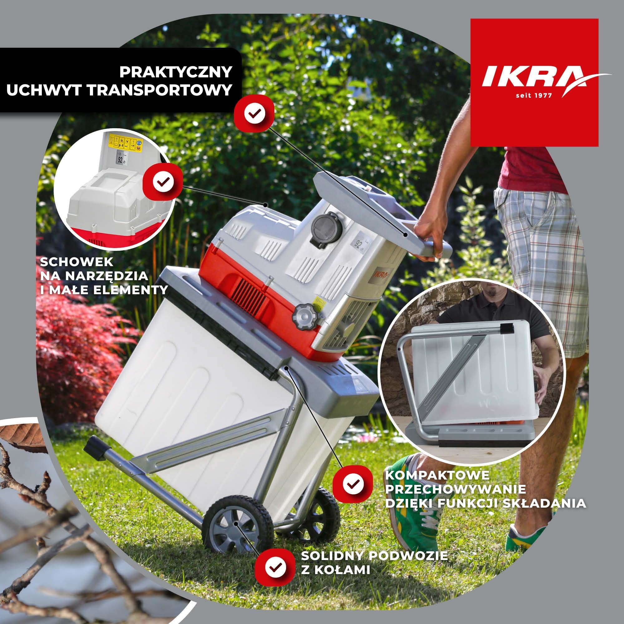 IKRA Rozdrabniacz do gałęzi walcowy elektryczny ILH 3000A, okulary ochronne | Silnik dużej mocy 3000W, cichy, solidny i łatwy w utrzymaniu, automatyczny wciąg gałęzi, bieg wsteczny, tnie gałęzie do 44 mm
