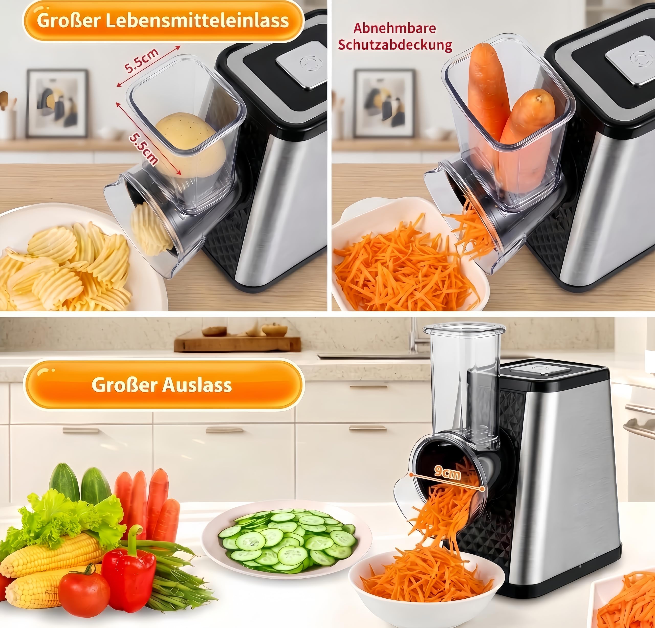 Elektrischer Gemüsehobel 500W, 5-in-1 Multifunktionaler Gemüseschneider mit 5 austauschbaren Klingen, Edelstahl Käseraspel für Kartoffeln, Karotten, Obst und Käse