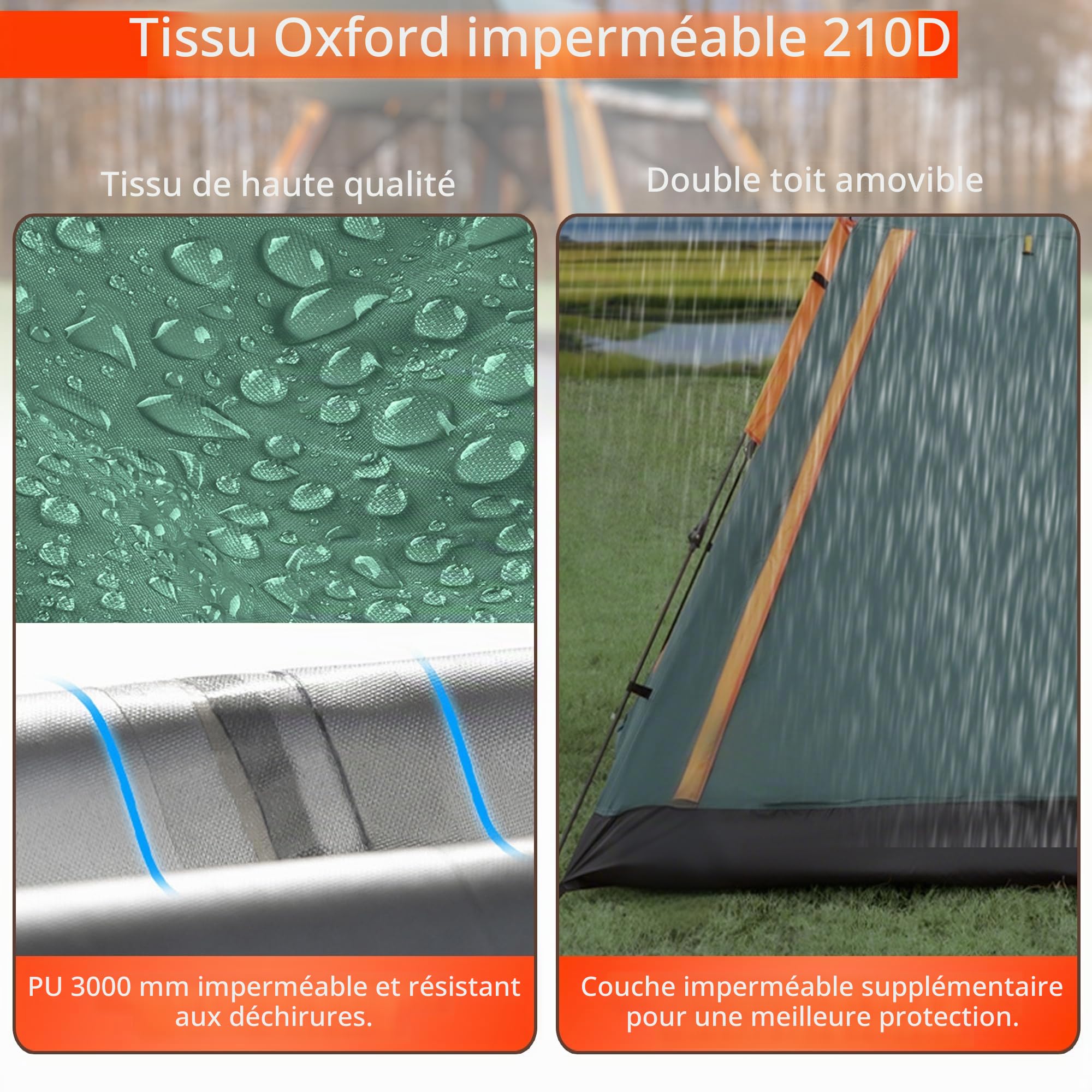 Tente QQ CAT à déploiement rapide 2 places, tente de camping instantanée dôme étanche 3000 mm avec auvent, tente automatique anti-vent pour festival pour adultes 4 saisons, vert/orange