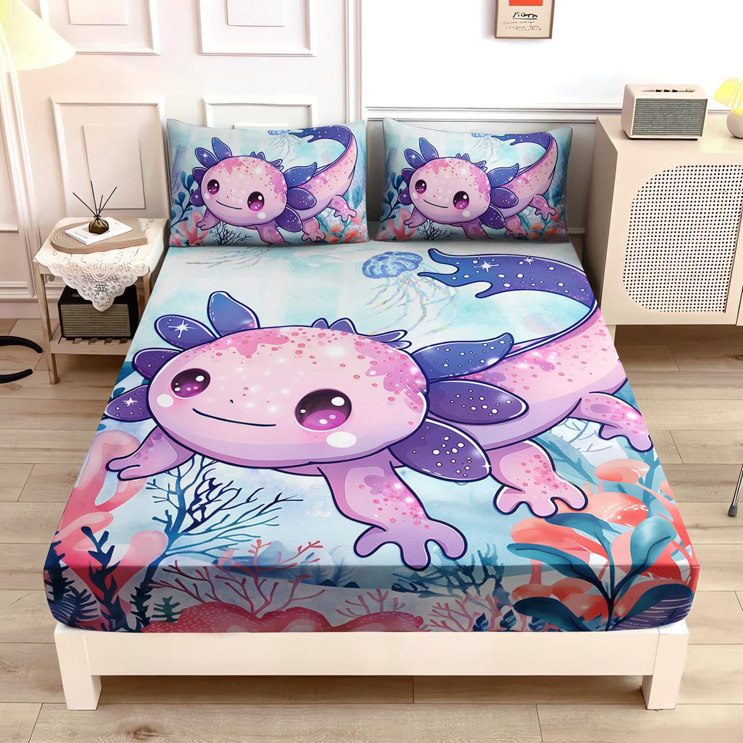 UEVBF Cute Axolotl Bedding Set Full Size,Color Axolotl Waterweed Jellyfish Pattern Toddler Fitted Sheets,Ocean Life Bedding Sets for Kids Girls Room Decor,1 Fitted Sheet+2 Pillowcases.