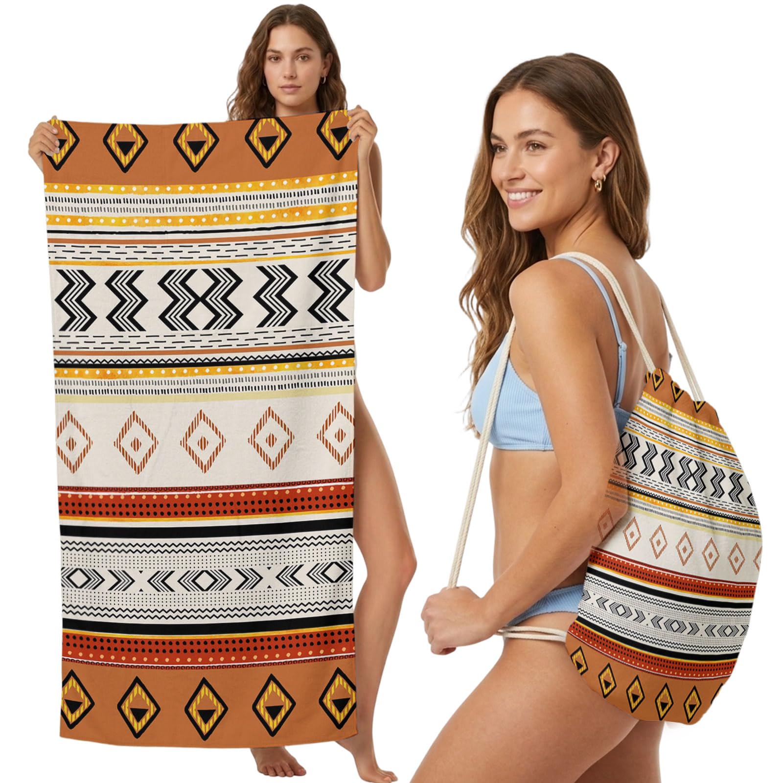 Beach Towel Bag 2 in 1 Boho Geometric Stripes Bath Pool Towels Backpack Bohemia Tribal Absorbent Beach Towel Soft Quick Dry Lightweight Packable Towels Drawstring Bag for Travel Camping Sports Picnic