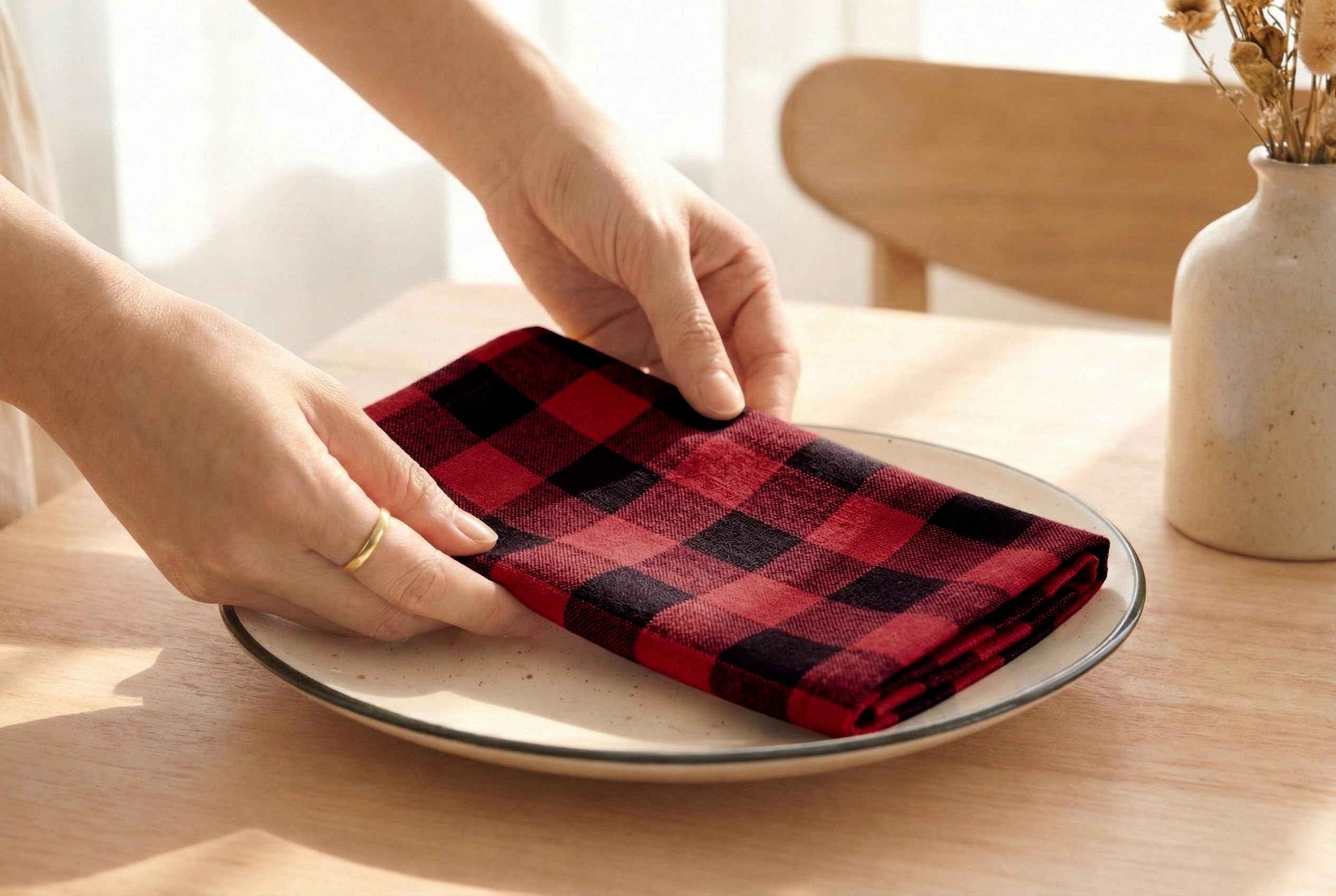 PurpleEssences Buffalo Plaid Cloth Serwetki - Ukośne Narożniki - Świąteczna Serwetka Gingham - Zestaw 12-100% Bawełna - Wielokrotnego Użytku Zmywalne - Czerwony i Czarny