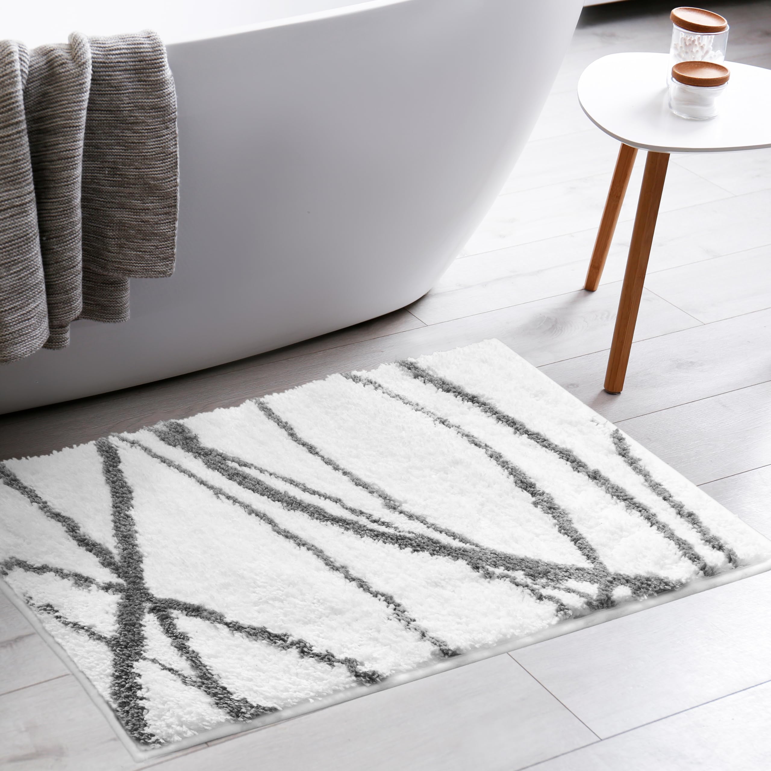 Tititex Luxury White Grey Line Bathroom Rug, 24x36 inch Classic Extra Soft and Absorbent Microfiber Bath Rugs, Non-Slip Plush Shaggy Bath Carpet, Bath Mats for Bathroom Floor, Tub and Shower