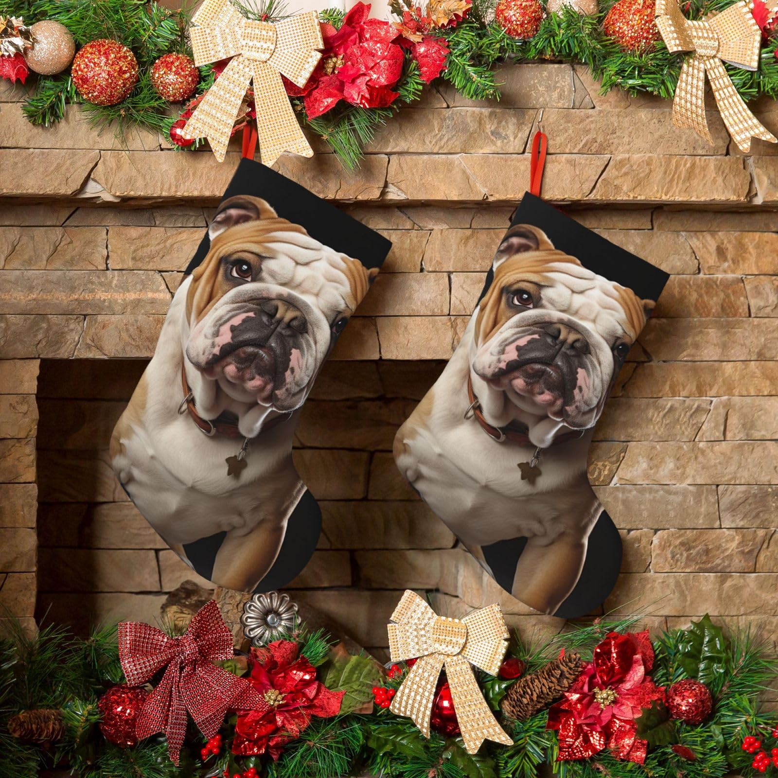 KLOPH Christmas Stockings 18" Personalized Xmas Stocking English-Bulldog Decoration Stocking Hanging Fireplace Stocking for Holiday Xmas Tree Christmas Fireplace Decor