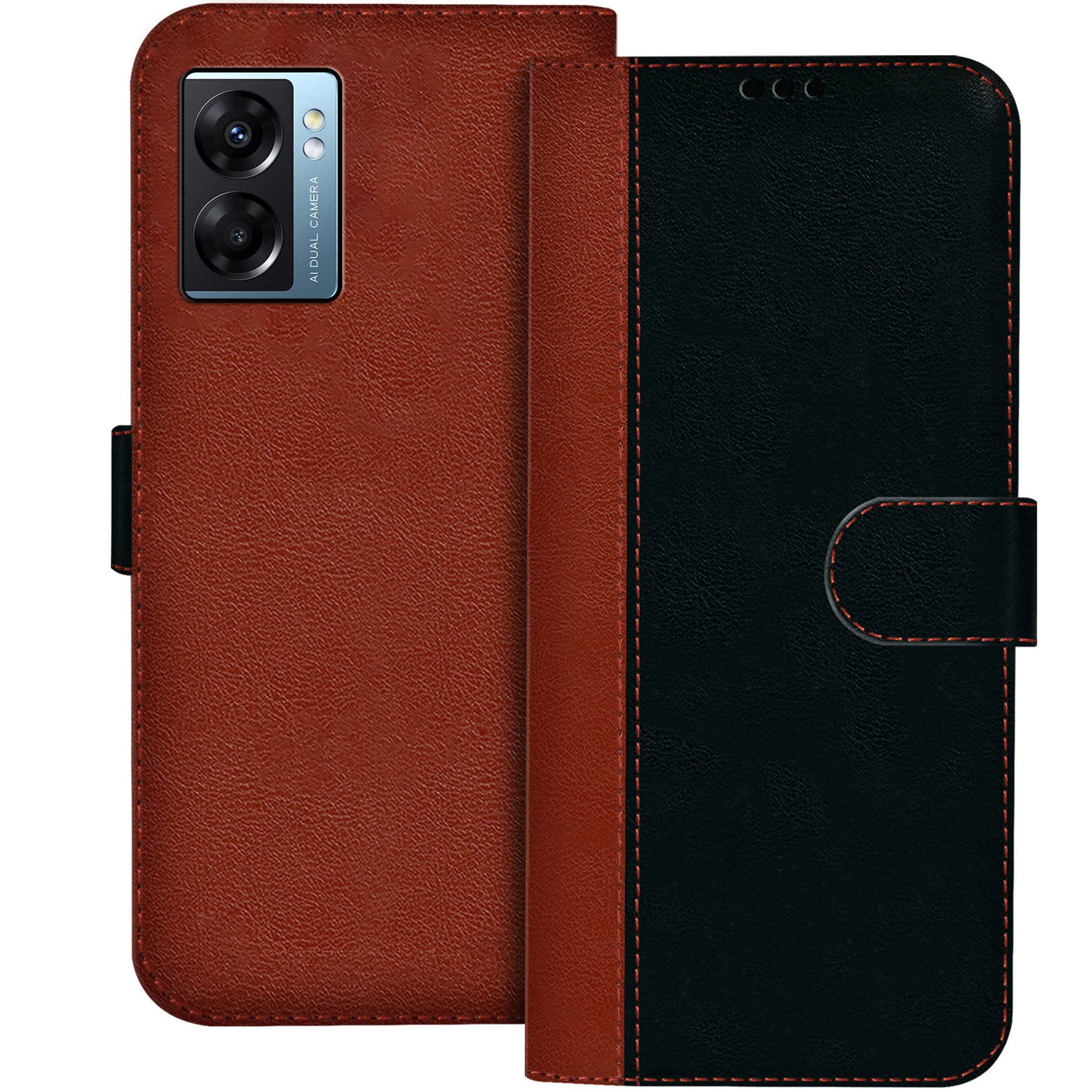 Hupshy Faux Leather Flip Case Back Cover for Oppo K10 5G Foldable Stand and Inside Card Pocket|Shockproof with 360 Degree|Magnetic Clutch Folie (Black and Brown)