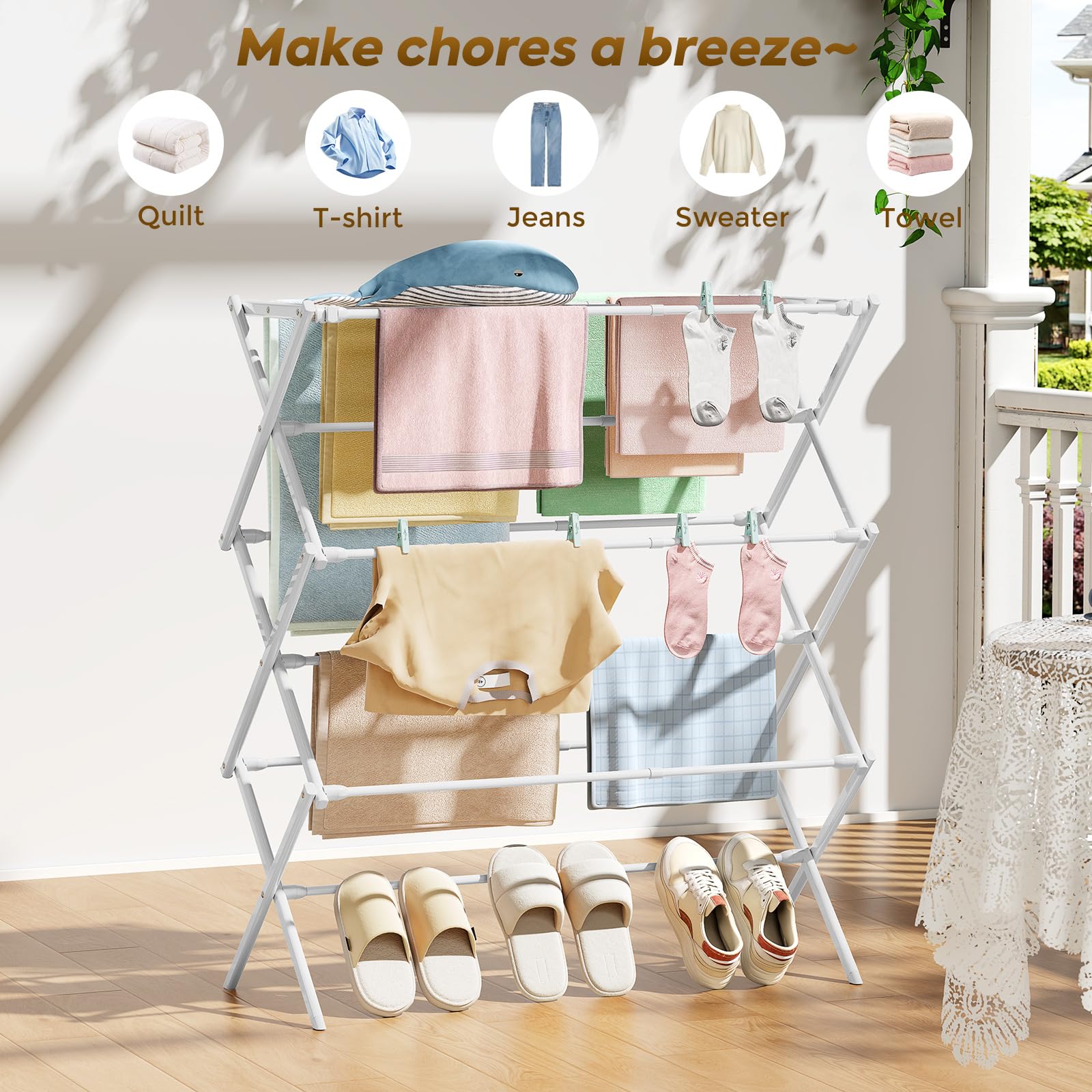 KINGBOARD Stendibiancheria pieghevole, con 11 aste, a 3 livelli, piccolo stendibiancheria pieghevole, per vestiti dei bambini, asciugamano per calzini, capacità 11,3 kg, bianco