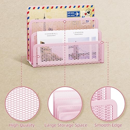 Miniatura 3 de Marbrasse Mail Organizer for Desk, 3-Slot Mesh Metal Mail Holder countertop, Letter Holder, Office Desktop Envelope and Document Storage Rack (Pink)