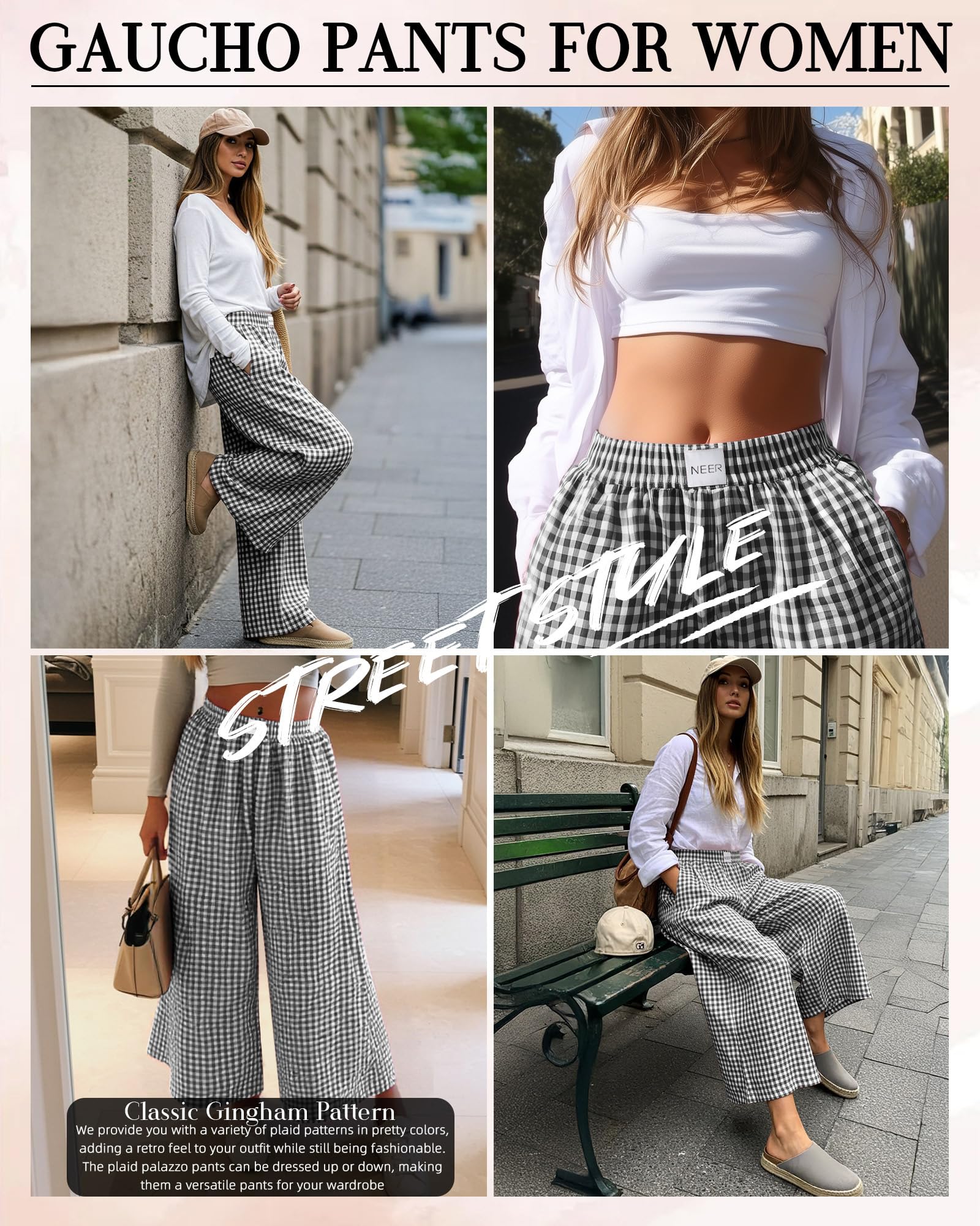 Neer Damen Culottes Gingham-Hose Oversize-Passform weites Bein, elastischer Bund Palazzo-Hosen im Casual-Stil mit Taschen