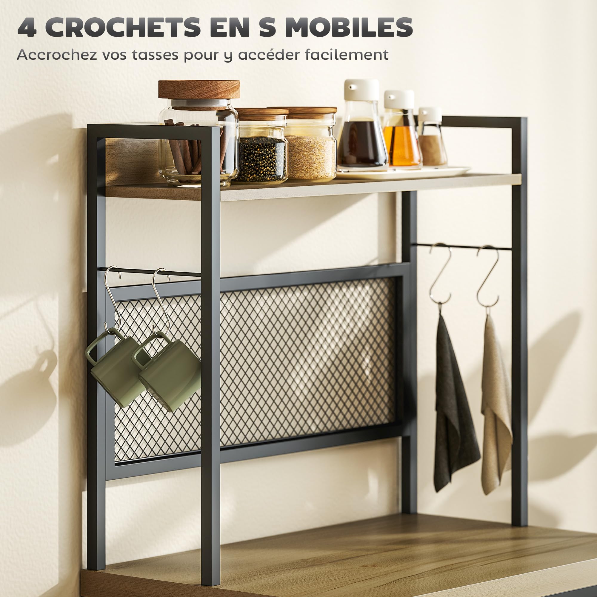 HOMCOM Armoire de Cuisine Buffet Industriel 60x40x132cm Bois Naturel | Meuble de Rangement, 3 Tiroirs, Plan de Travail, Étagère, 4 Crochets, Meuble Micro Onde, Salle à Manger, Salon