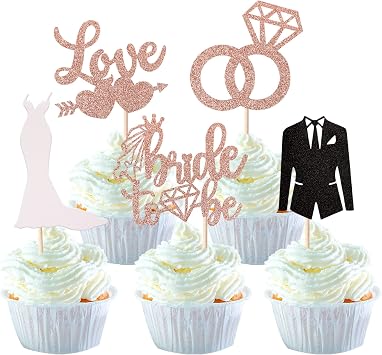 30 Pack Bride to Be Cupcake Toppers Glitter Diamond Ring Bride Wedding Dress Cupcake Picks Heart I do Love Cake Decorations for Bridal Shower Wedding Engagement Bachelorette Party Supplies Rose Gold