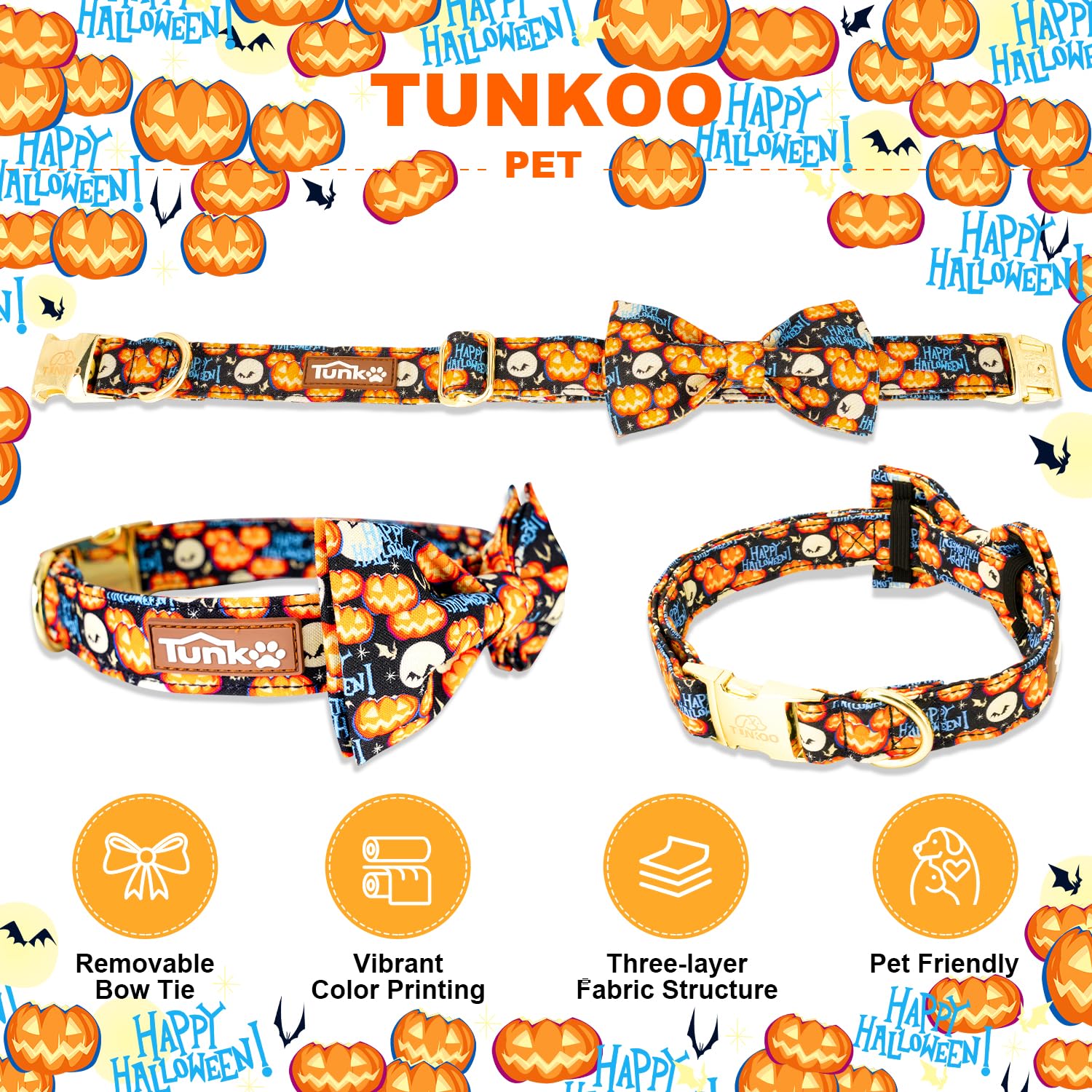 Tunkoo Happy Halloween obroża dla psa z dynią - trwała, regulowana i stylowa obroża dla zwierząt dostępna w rozmiarach S, M, L