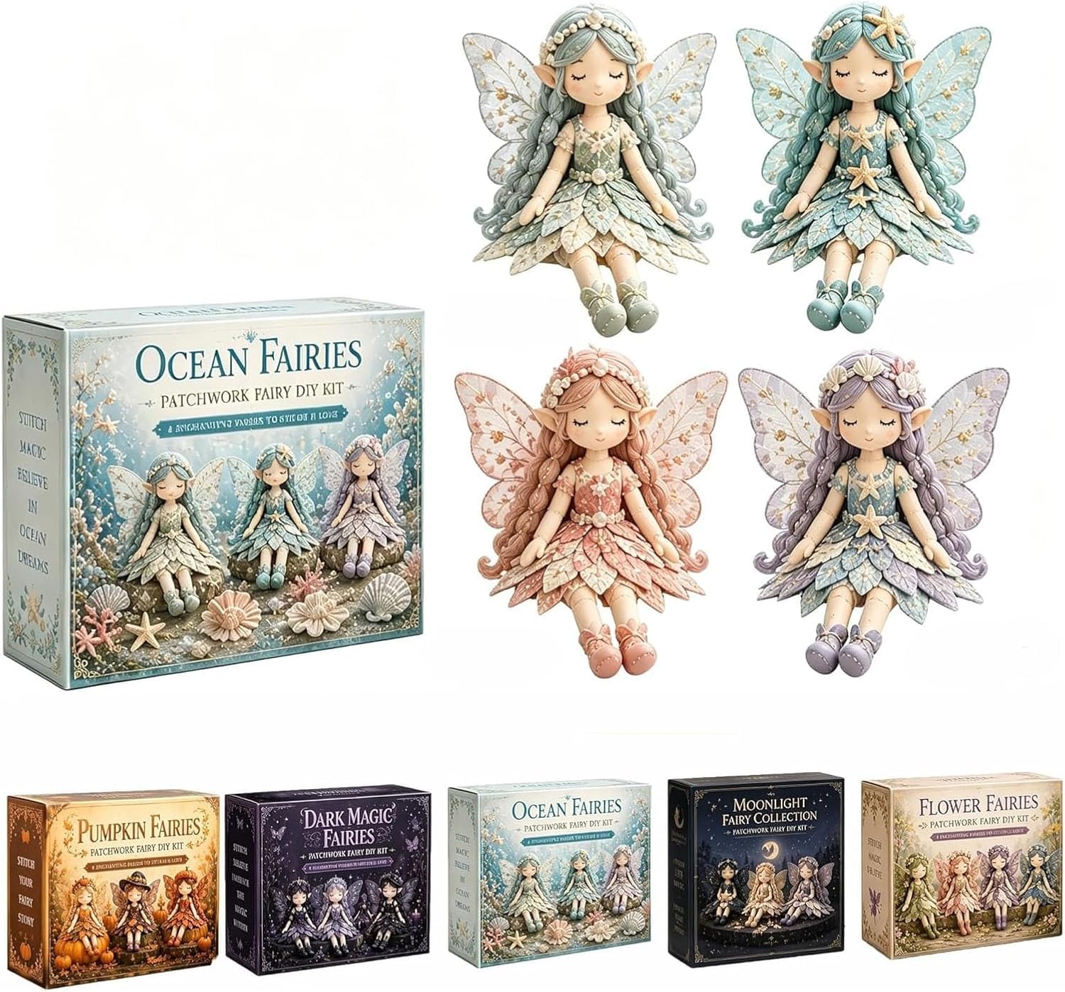 Fairy Patchwork DIY Collection, Flower Fairies Sewing Kit for Adults & Beginners, Make 4 Fabric Fairy Dolls with Pre-Cut Materials – Handmade Craft Gift & Cottagecore Home Decor (Ocean Fairies)