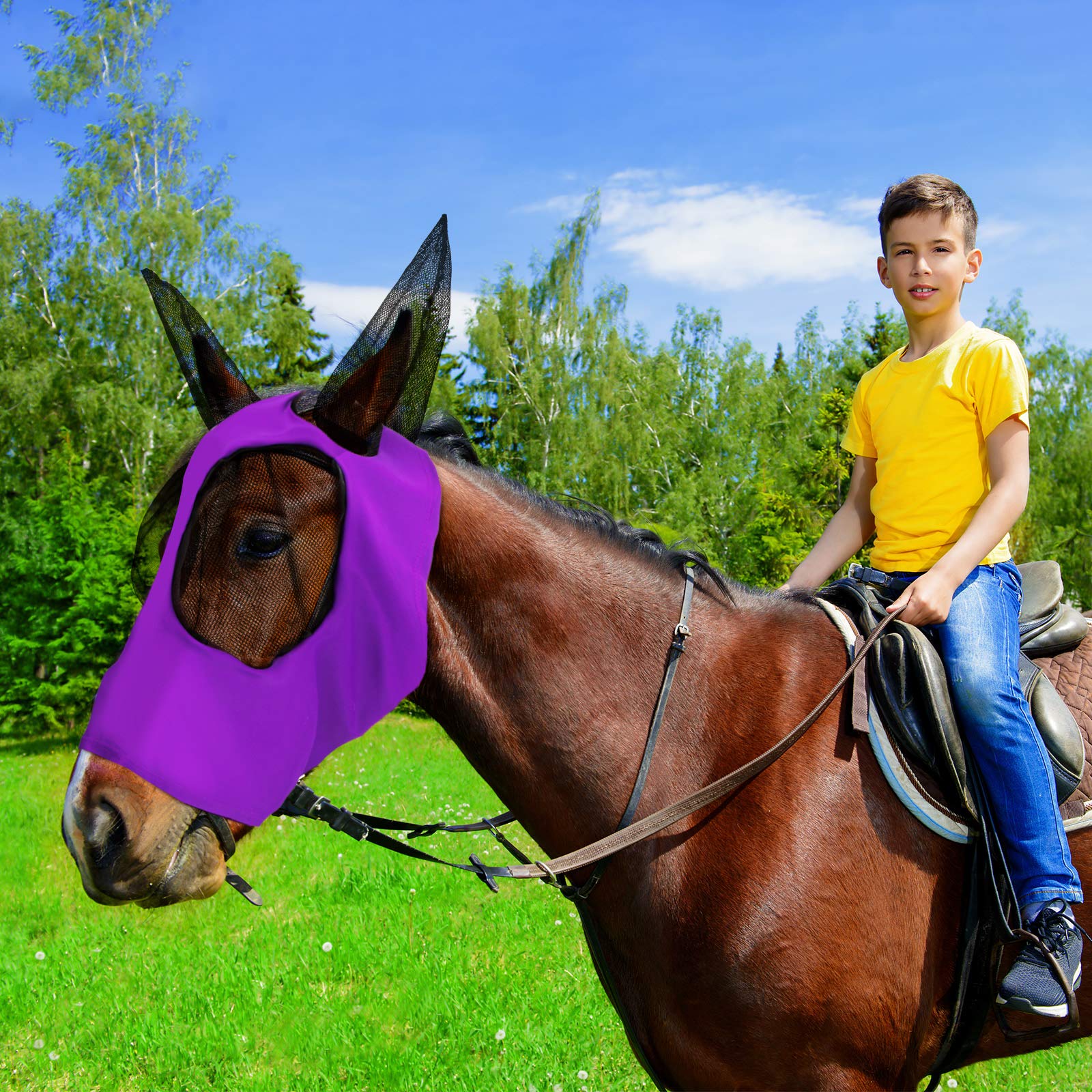 Hestya 2 Pieces Horse Fly Masks for Horses Horse Mask with Ears Smooth and Elasticity Fly Mask with UV Protection (L,Purple, Pink) - Image 4