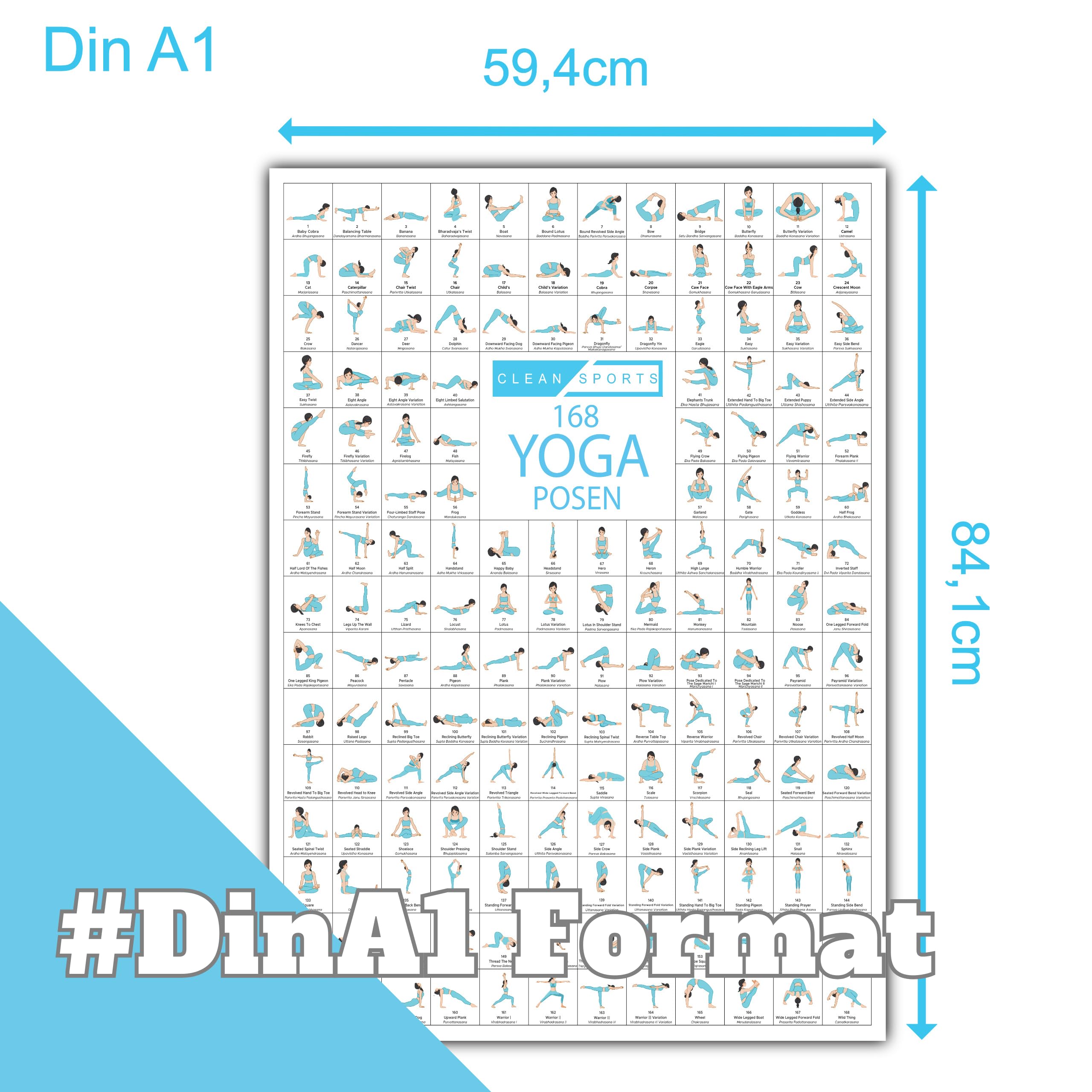 CLEAN SPORTS Póster de yoga DIN A1 con 168 asanas y poses de Hatha • Práctico póster de asanas para ejercicios en casa o en el estudio • Idea de regalo para principiantes y profesionales • Elegante