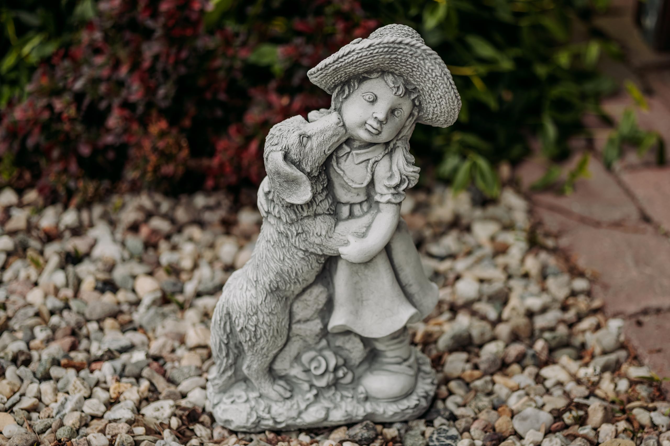 gartendekoparadies.de Mädchen mit Hund, Steinfigur H. 47 cm, 13 kg, Grau, frostsicher aus Steinguss für Außenbereich
