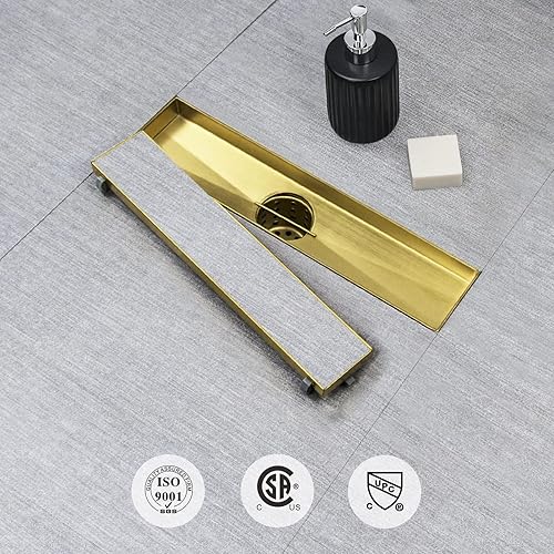 Vista 50 de SaniteModar Drenaje lineal de ducha de 24 pulgadas con inserto de azulejos 2 en 1, drenaje lineal de ducha cepillado de acero inoxidable 304