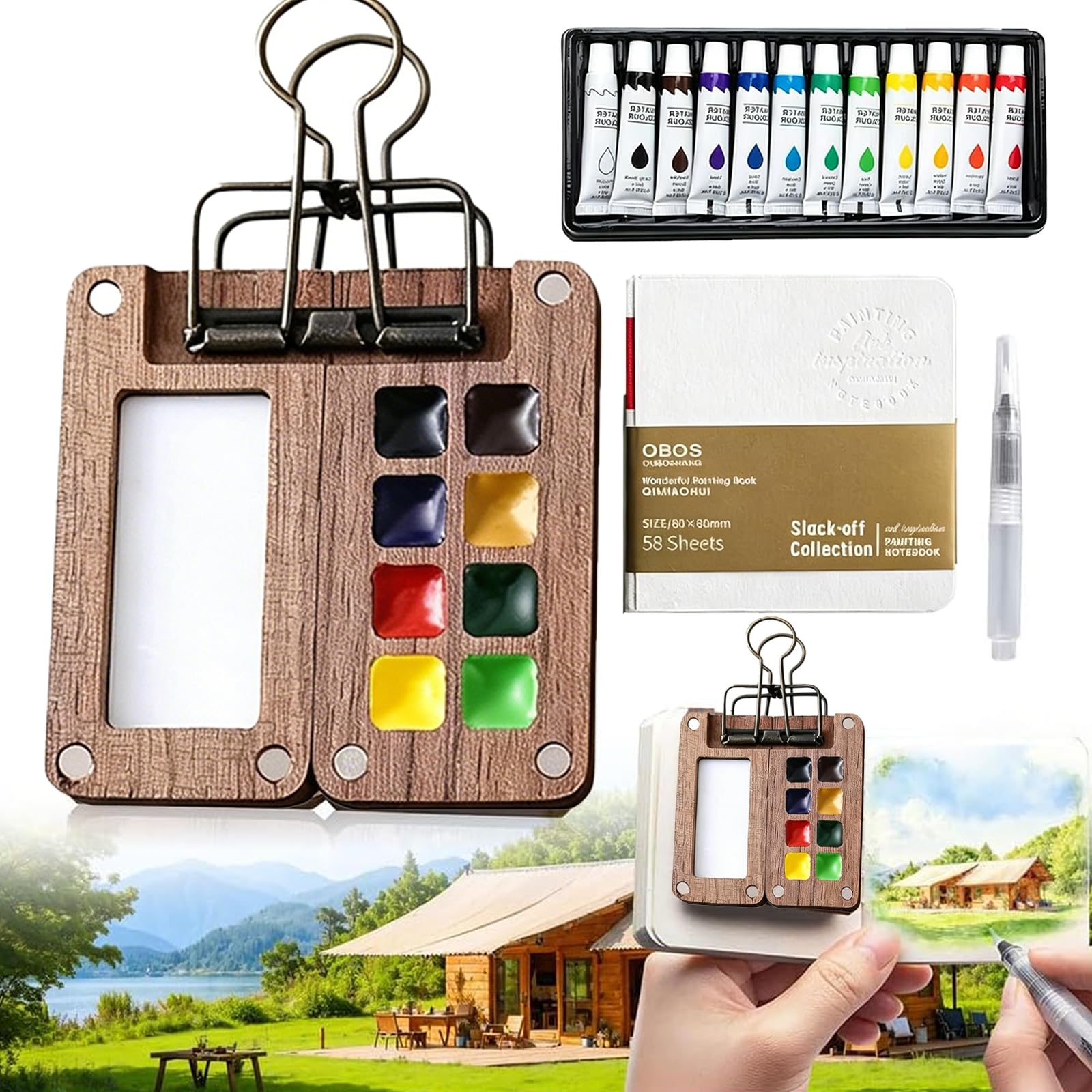 Mini Paint Set, Pocket Artist Watercolor Travel Set, Easter Mini Art Set, 8-Grid Wooden Travel Drawing Board with Metal Clip, Fountain Pen, Convenient Drawing Book and 12 Color Watercolor Palette