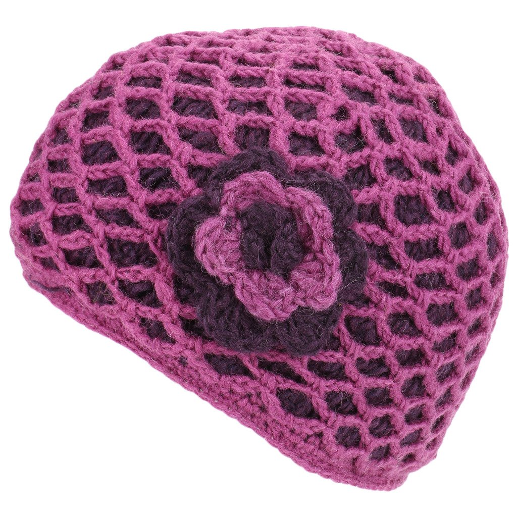 Loud Hats Women's Pink Crochet Wool Hat With Side Flower Applique