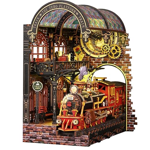 Book Nook Kit - DIY Miniature Dollhouse Booknook Kit with Steam Train, 3D Wooden Puzzle Bookend Bookshelf Insert Decor with LED, DIY Adults Crafts Kit Gifts for Family Friends