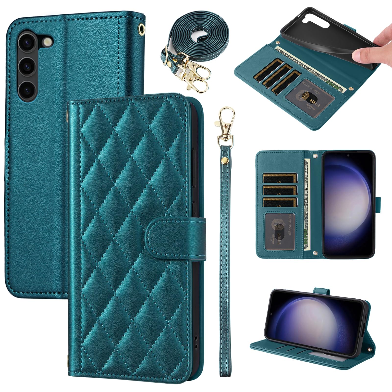 Furiet Wallet Case for Samsung Galaxy S23 Plus S23+ 5G with Wrist Strap Shoulder Strap, Multiple Card Slots Folio Purse, PU Leather Stand Phone Cover