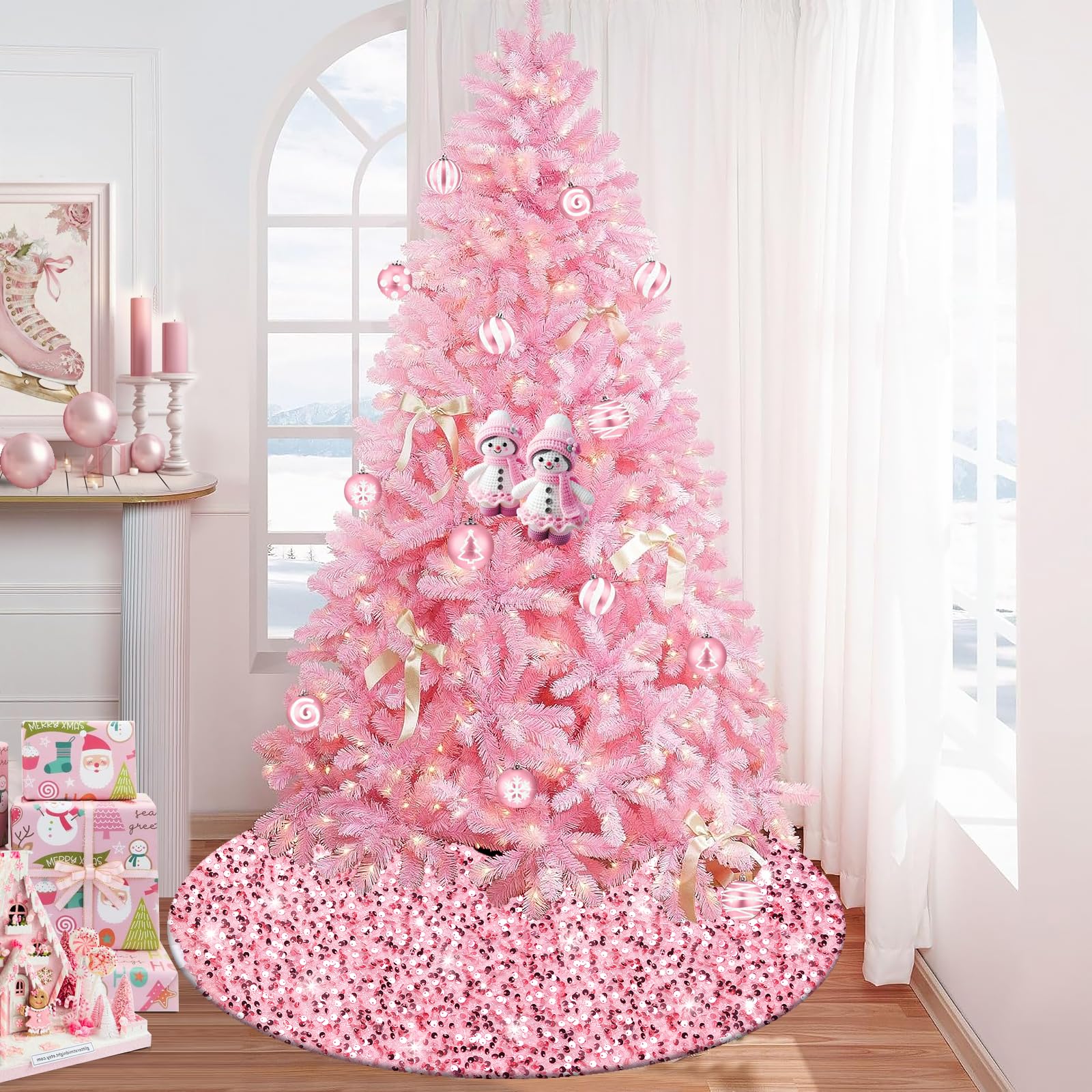 yuboo Pink Christmas Tree Skirt, 36 inches Glitter Candy Mothers Day Tree Skirt Mat Blush Pink Christmas Mothers Day Decor Decorations for Slim Pencil Trees