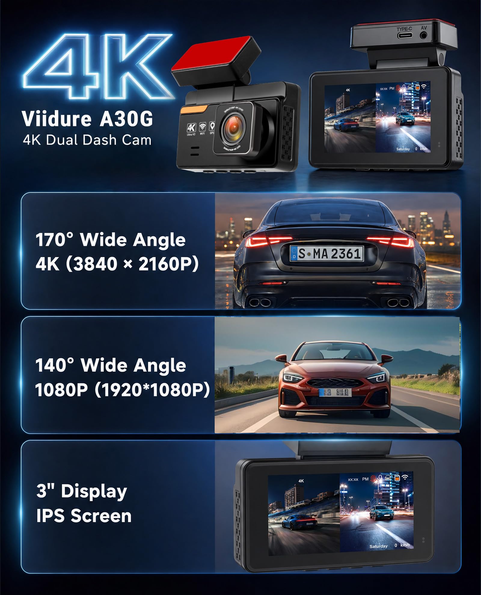 SIXWIN 4K Dashcam, 4K+1080P Doppia Telecamera Auto, 3" Display con WiFi e Controllo App, GPS, ADAS, BSD, LCA, Visione Notturna, Grandangolo, Registrazione in Loop, Sensore G, Parcheggio 24H