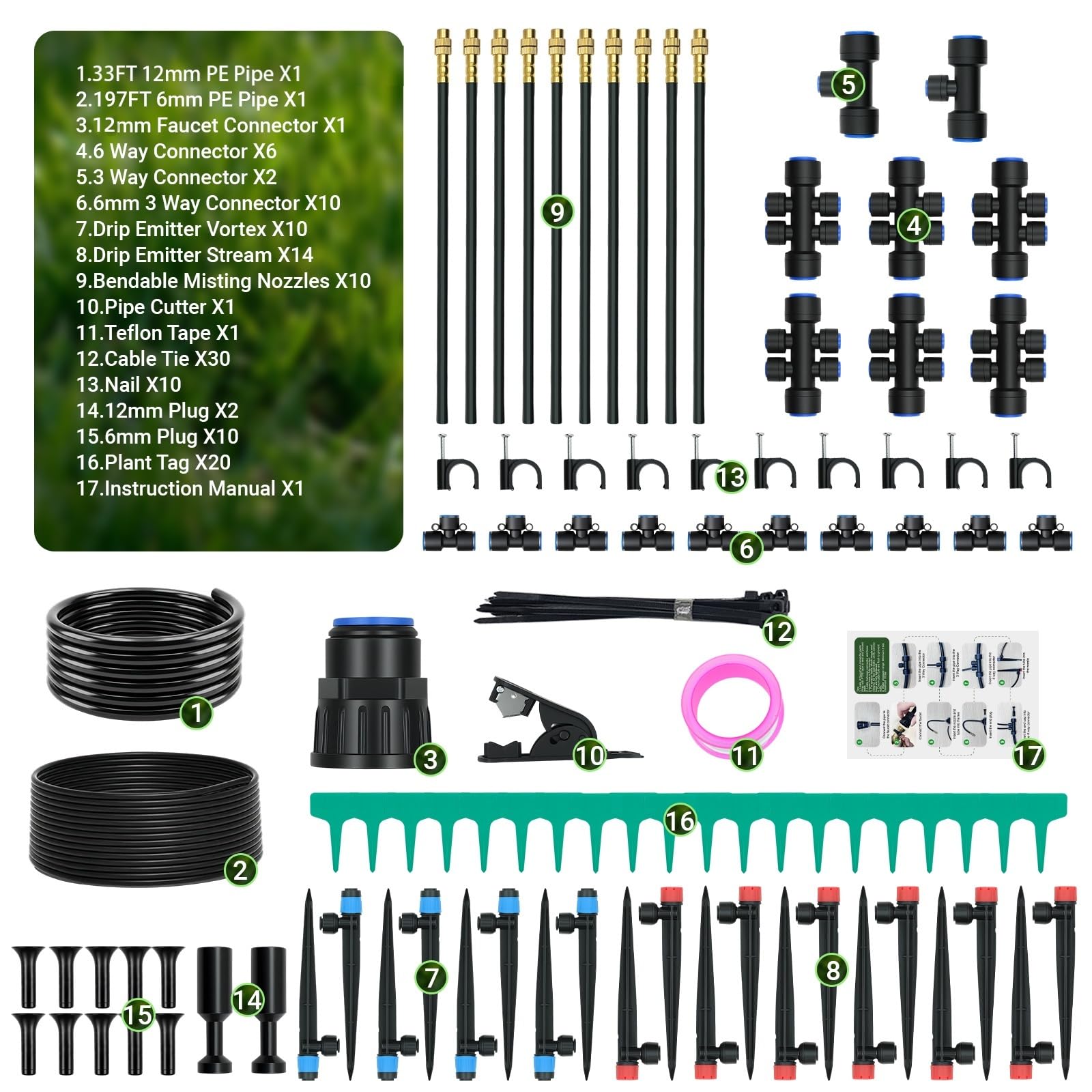 Kit di irrigazione a goccia da 60 m con connettori push-fit, sistema di irrigazione automatico da giardino fai da te, design a risparmio idrico aggiornato 2026 con 3 ugelli regolabili per cortile