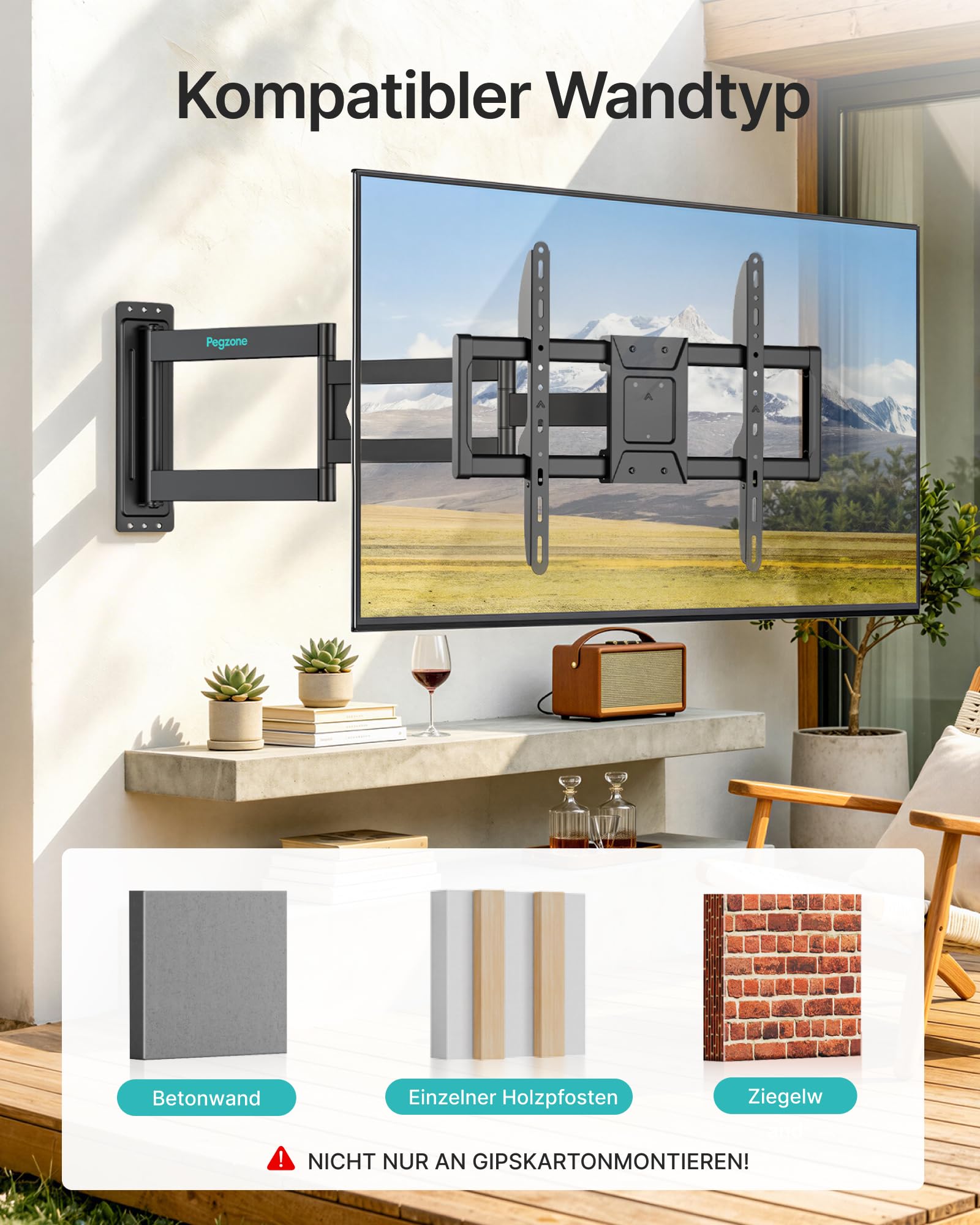 PEGZONE TV Wandhalterung Langarm 85-975mm 37-86" bis 50kg, VESA max.600x400 | Wandhalterung Fernseher für LCD, LED & OLED, schwenk- und neigbarer extra langer Arm, inkl. praktischer Kabelbinder