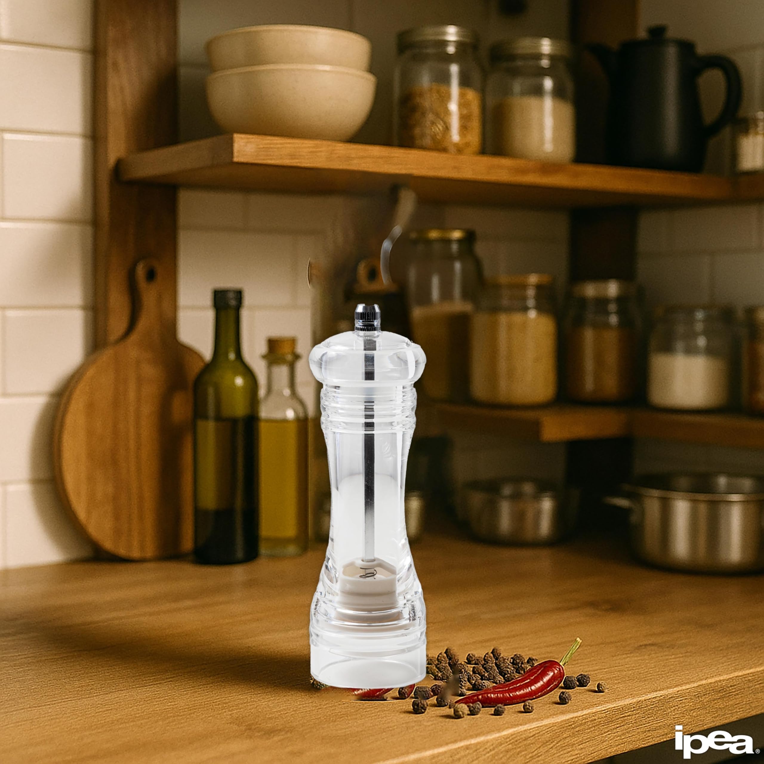 Moulin à Poivre Manuel en Bois Transparent IPEA avec Broyeur en Métal pour Épices, Sel et Piment