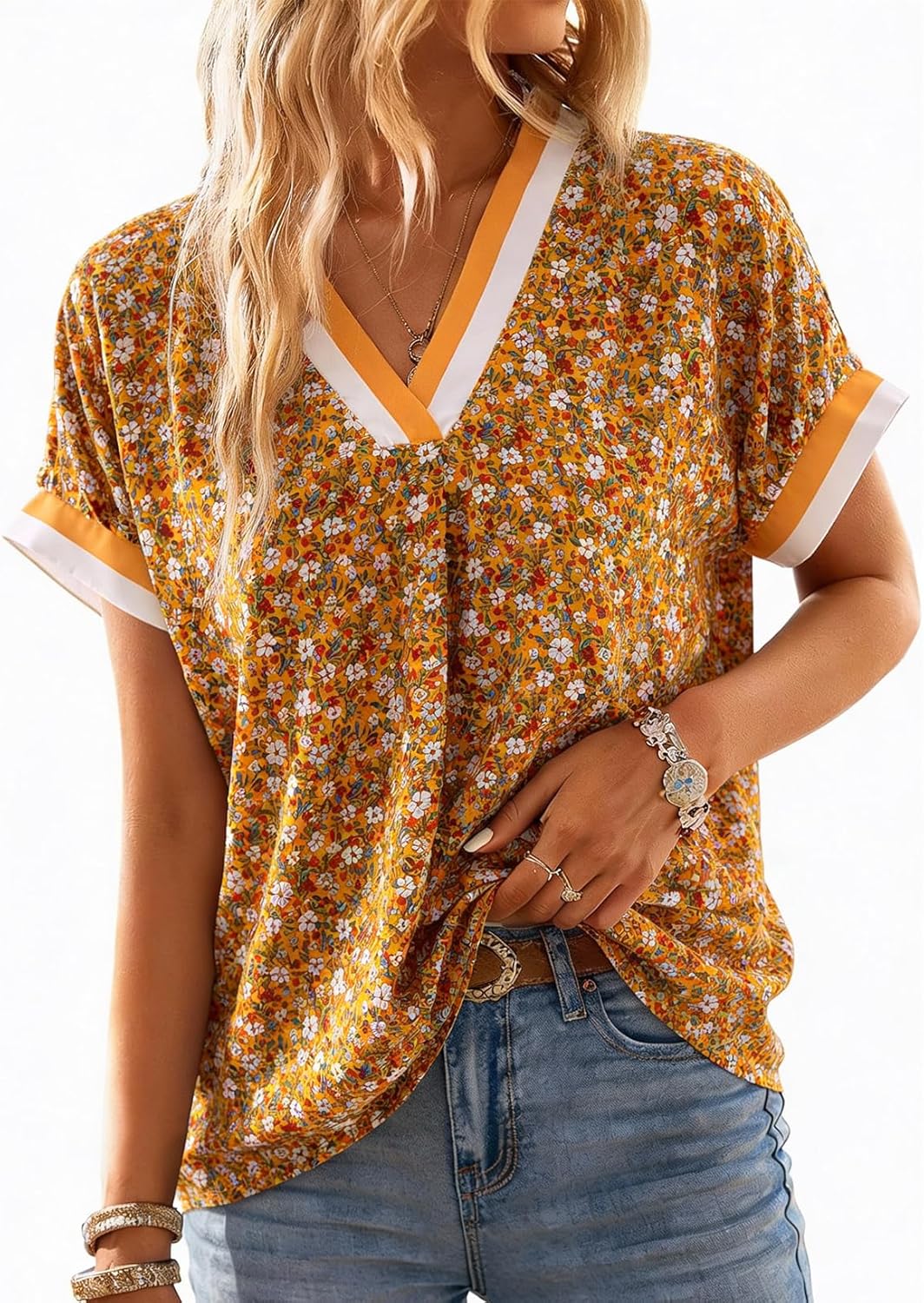 Dokotoo Women's Spring Summer Casual V Neck Tops Loose Fit Short Sleeve Floral T Shirts