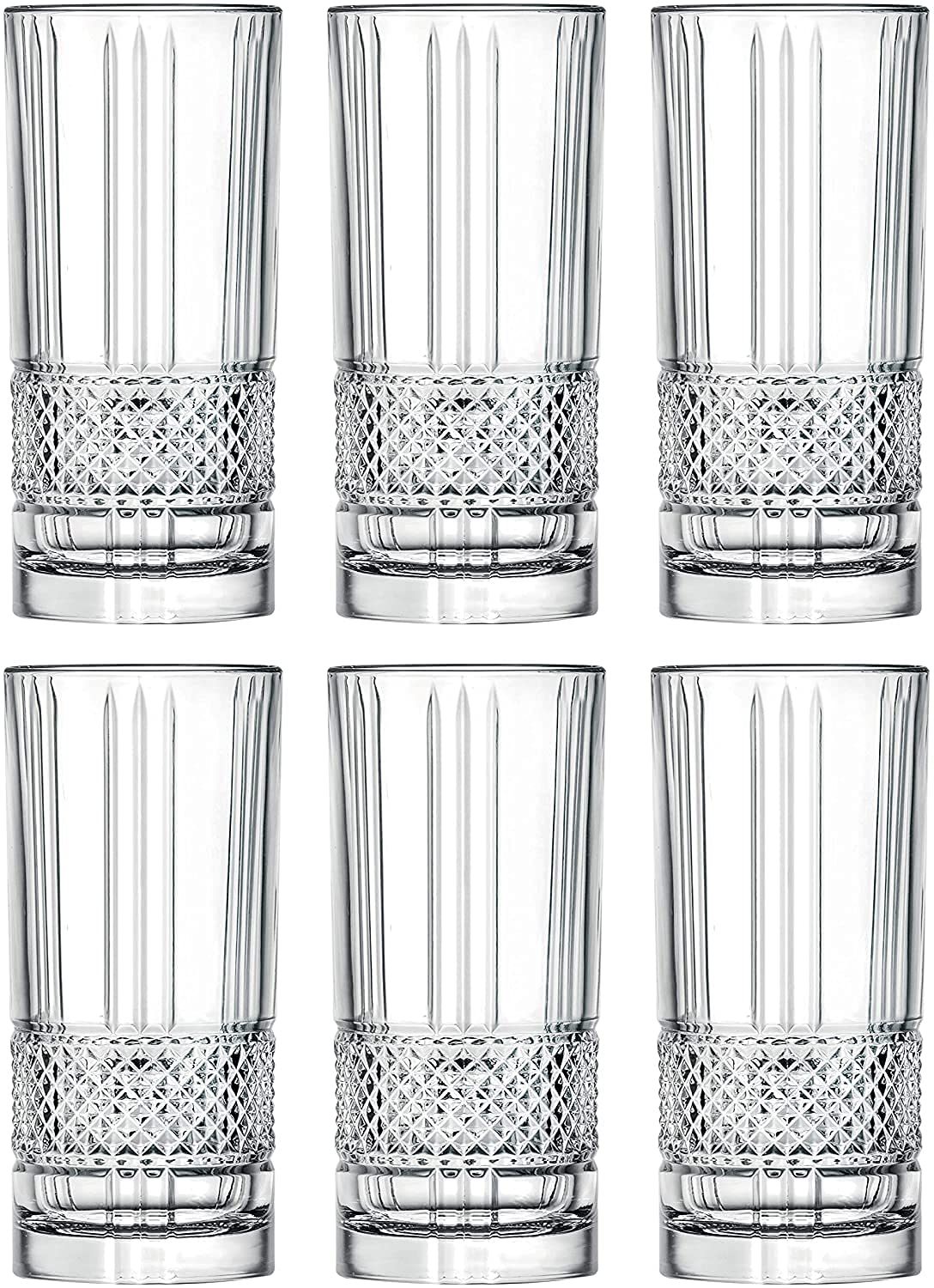 PrimeWorld European 295 ml Diamond Strips Glasses Set of 6 pcs - Tall Drinking Glasses for- Water, Juice, Colddrink, Mojito, Cocktail, Lead-Free, Perfect for Home, Restaurants and Parties