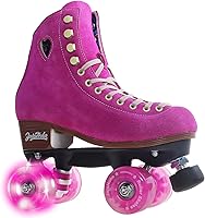 JajaHoho Fuchsia Quad Roller Skates Women Girls - High Top Suede Nubuck Leather, LED Light Up Wheels, Reinforced Nylon Plate, Indoor Outdoor