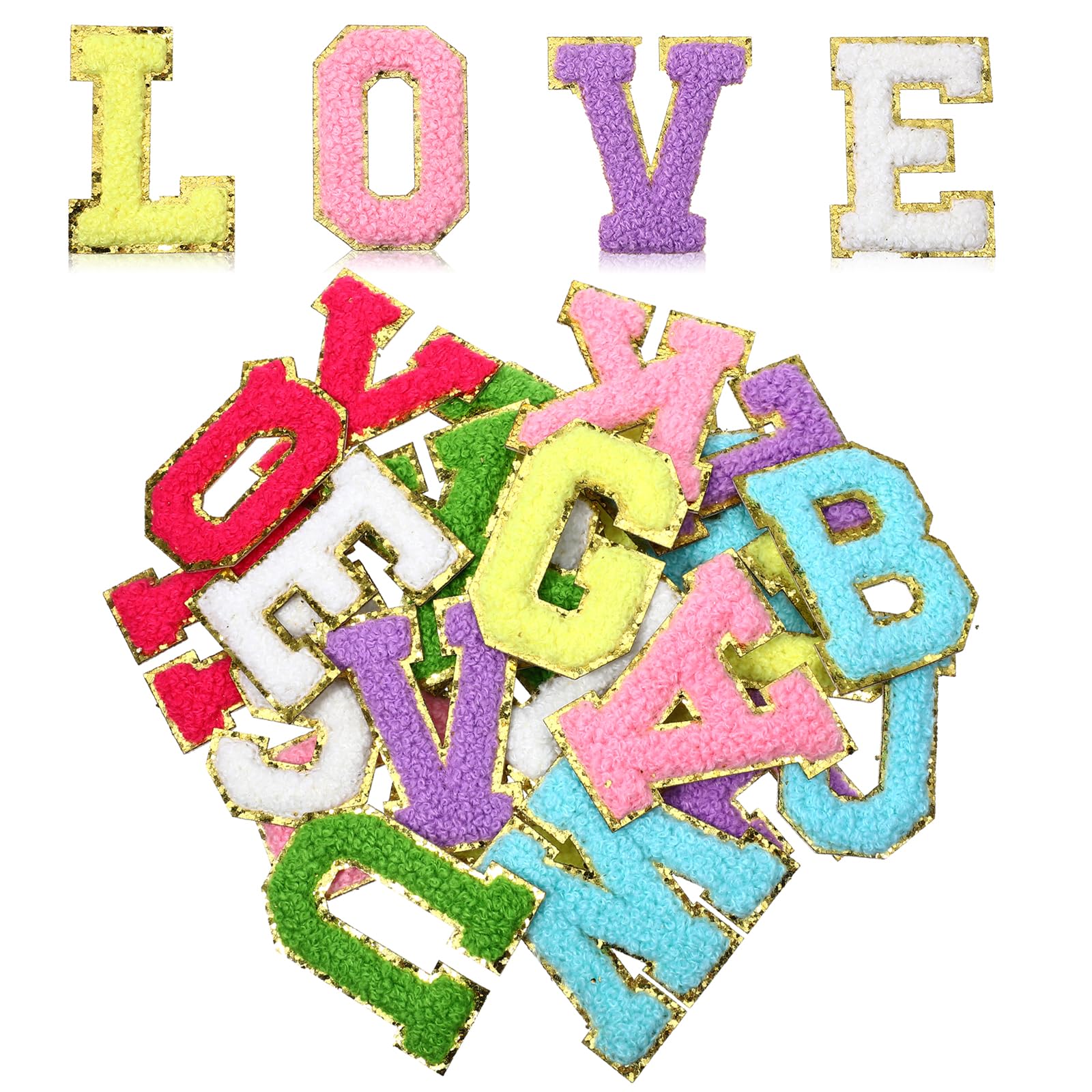 GEEHUA 26PCS Chenille Letters Patches, A-Z Embroidered Applique Colorful Fabric Initial Patch Self Adhesive Letter Patches Alphabet Patch for DIY Shirts Shoes Jeans Backpacks Hats