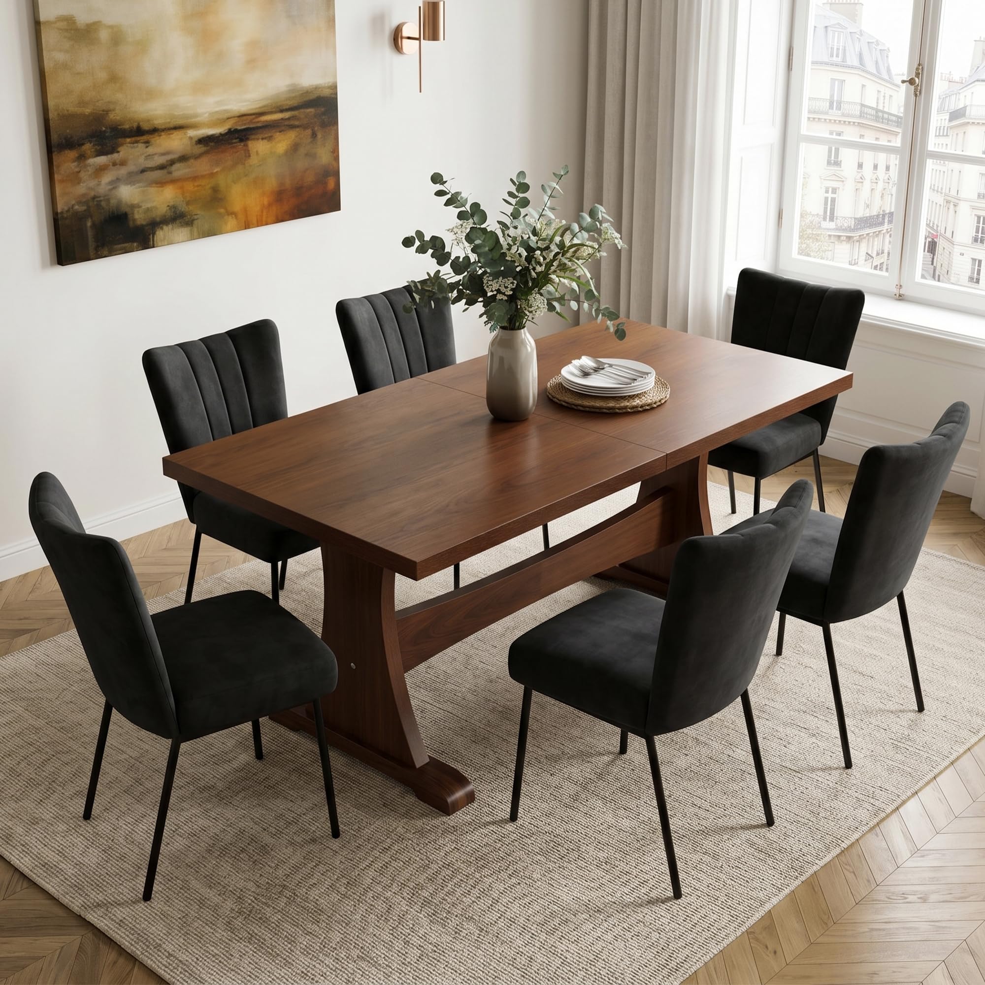 Nowoczesny zestaw stołów do jadalni z płyty MDF 160 cm z 6 czarnymi krzesłami Slish Kitchen Diner Fur na rodzinne posiłki i spotkania