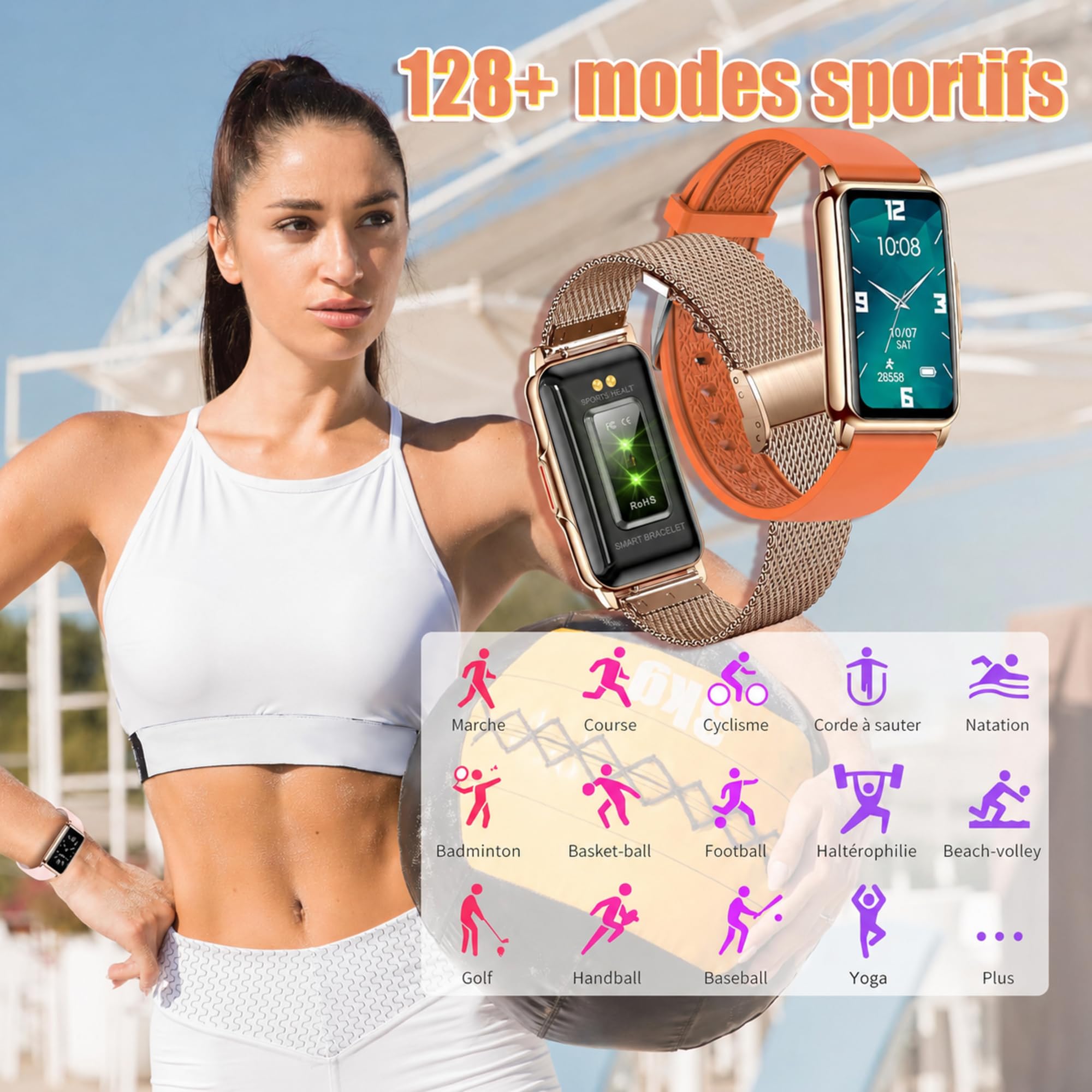 128+ Modes Sportifs Montre Connectée Femme Homme, 1,47"HD Montre Femme avec Bluetooth, Météo, Sommeil, SpO2, Pression Artérielle, Fréquence Cardiaque, Rappel Sédentarité, Smartwatch Santé Android/iOS
