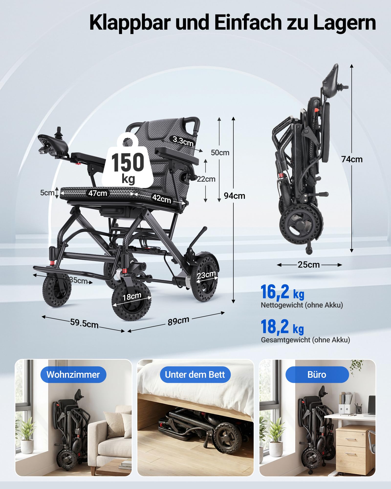 Rollstuhl Elektrisch Faltbar Leicht 16,2KG Elektrischer Rollstuhl 32KM | Sitzbreite 47cm, 12Ah Lithium-Batterie, 360W Elektrorollstuhl, 5 Jahre Support, Flugzeugzulassung, Kohlefaser-Folie