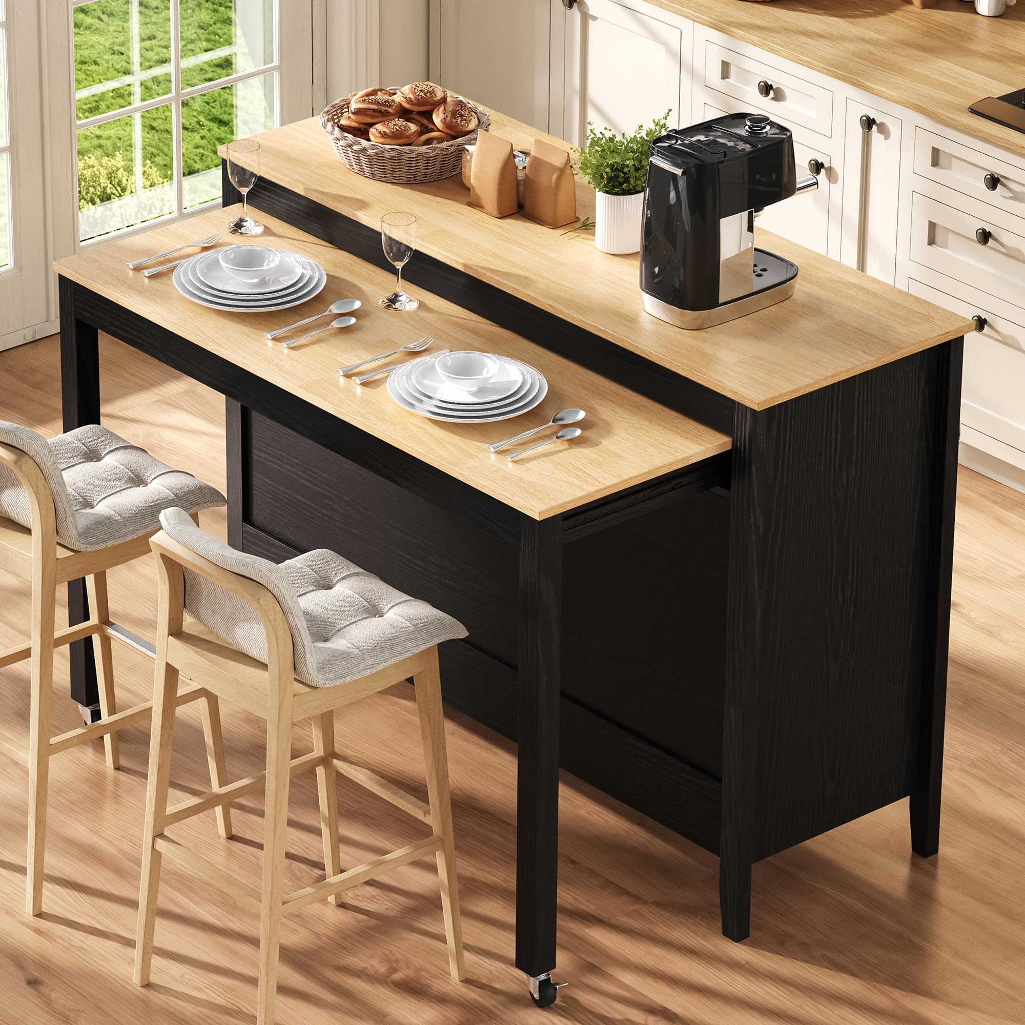 Azkoeesy Isola da Cucina con Tavolo Pranzo Estensibile su Ruote, Nero