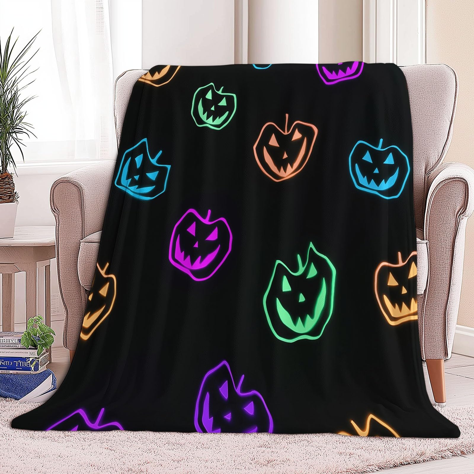 Ultracienki koc flanelowy w stylu kreskówkowym, 220 x 240 cm, pluszowy i ciepły, neonowy, z dynią, uśmiechniętą buźką, lekki koc na łóżko, pościel na sofę, podróż i dla dzieci i dorosłych
