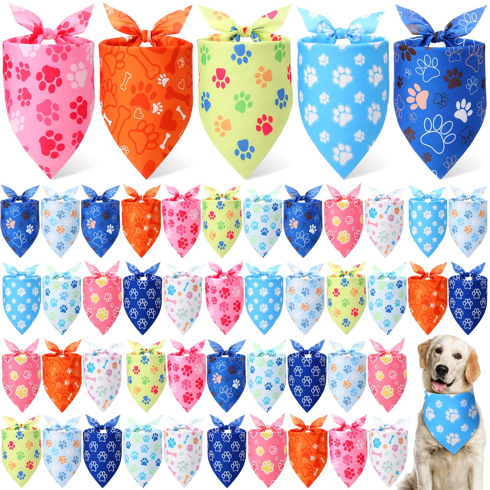 Weewooday Lot de 50 Bandanas en Vrac avec Empreintes de Pattes pour Chiens - Bavoirs Doux et colorés - Écharpe Triangulaire réglable pour Animal de Compagnie de Petite, Moyenne et Grande Taille (65,6