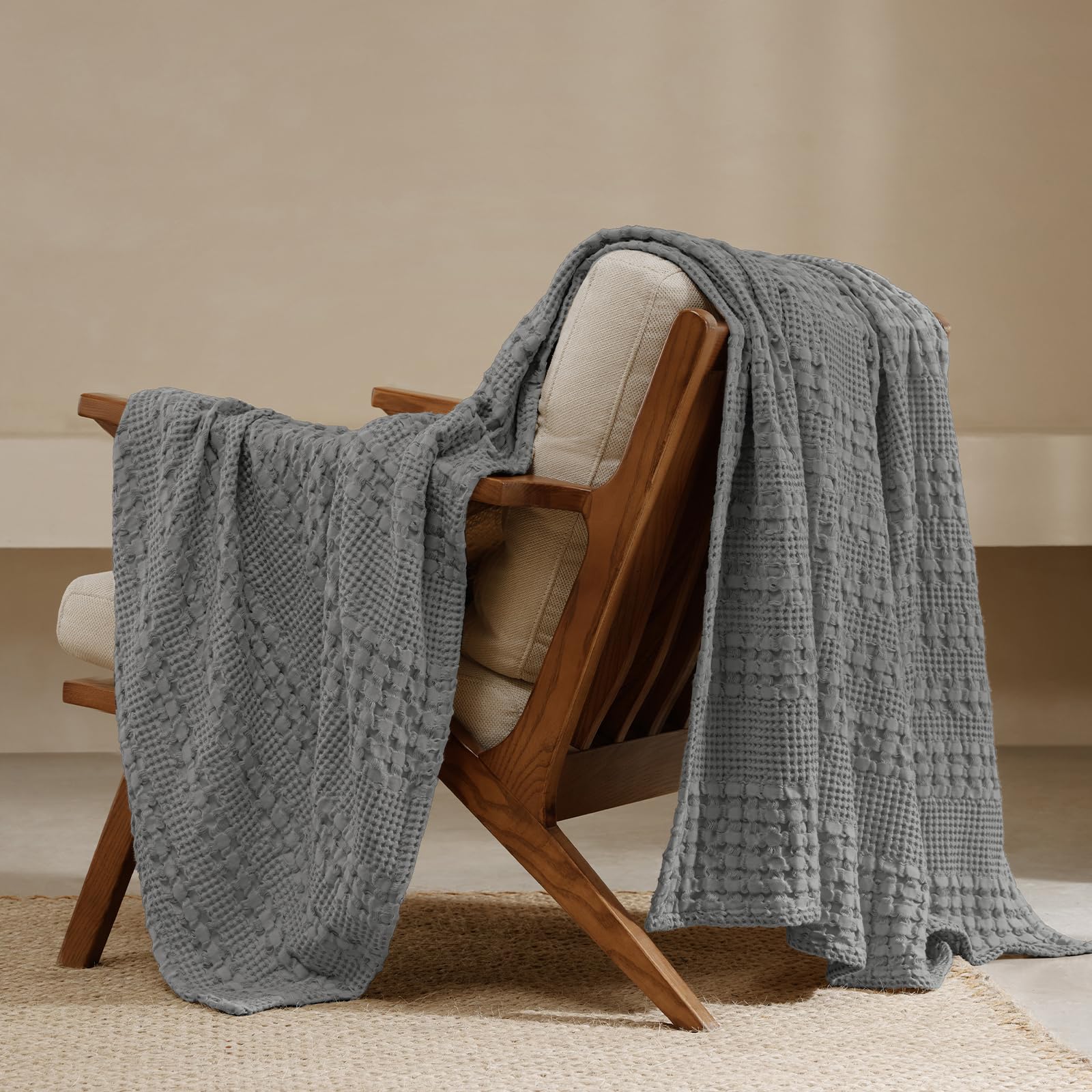 phf 100% cotton waffle weave throw blanket, soft lightweight breathable cozy throws for couch bed sofa, luxury aesthetic blanket gift for home decor & office, 50"x60", dark grey
