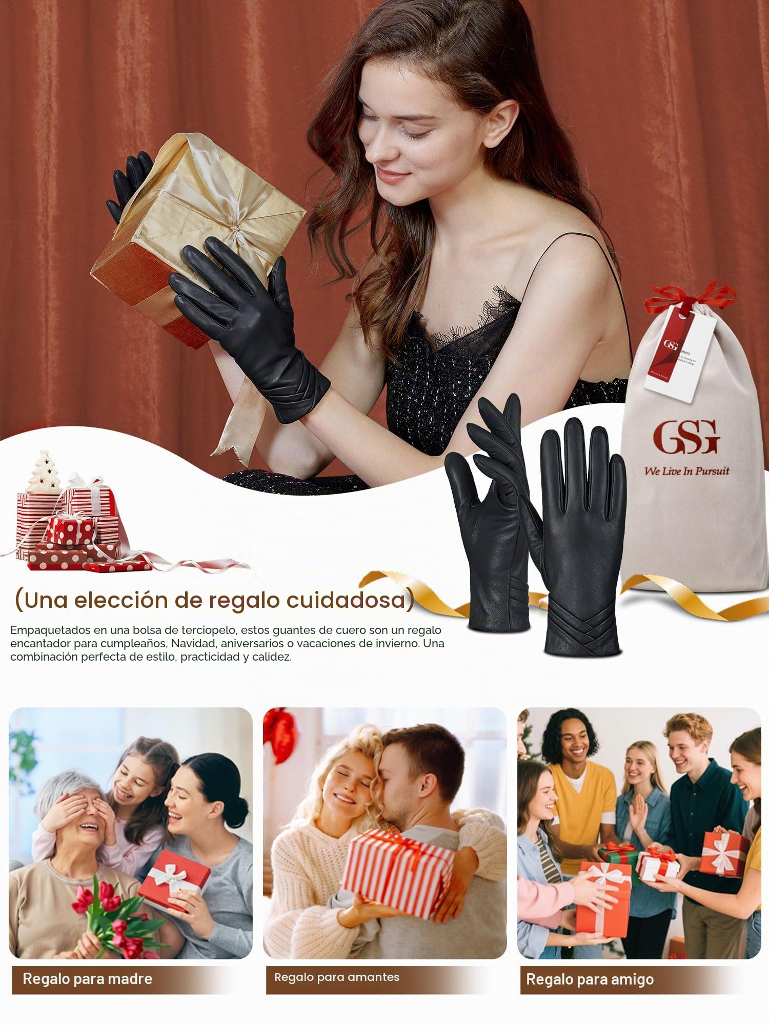 GSG SINCE 1998 Guantes de Mujer en Cuero Genuino | Guantes Táctiles y Cálidos con Forro de Lana o Imitación de Piel, Puños Fruncidos, Ideales para Conducir y