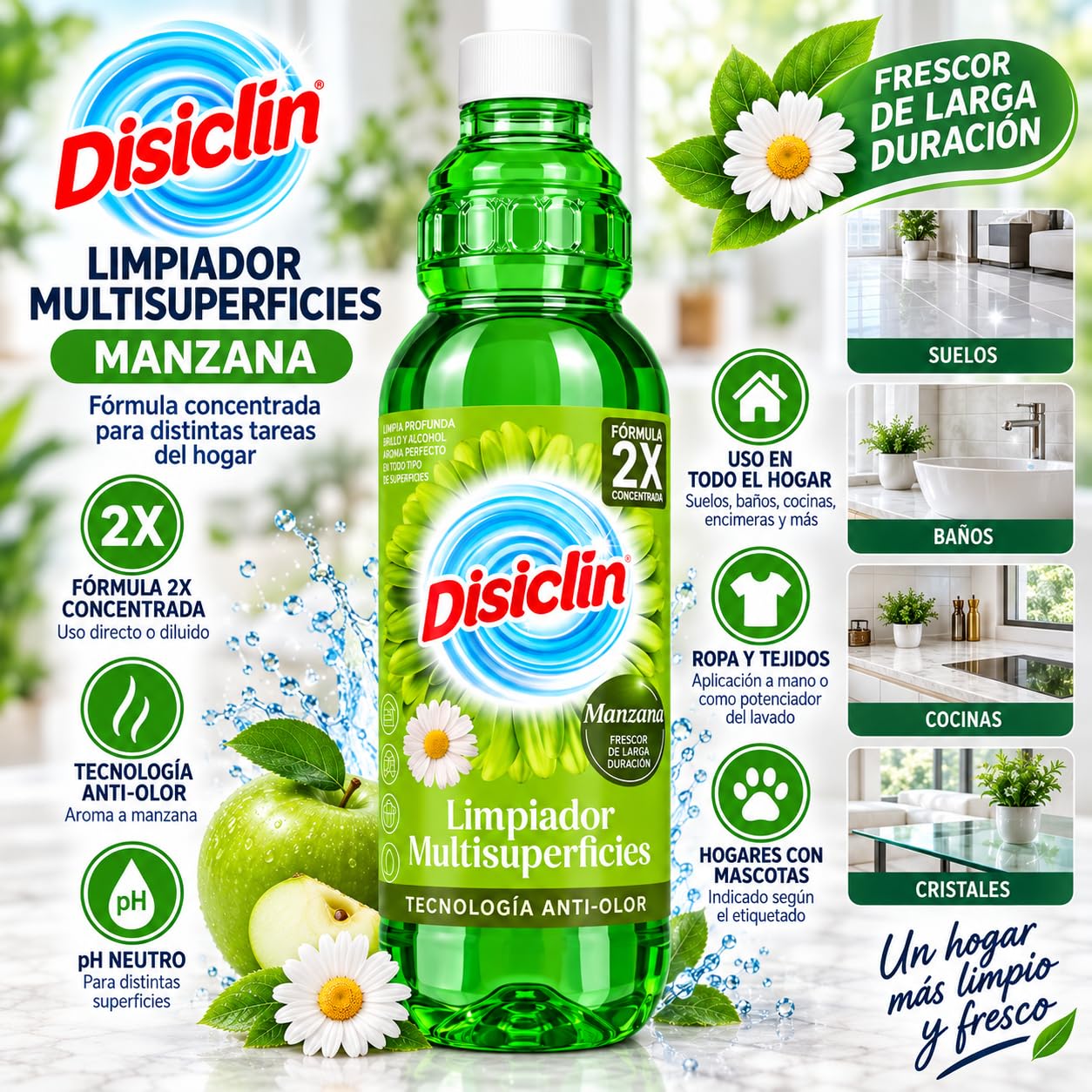 DISCLIN Manzana Fregasuelos 1L (Pack 12 unidades) | RASMACOR