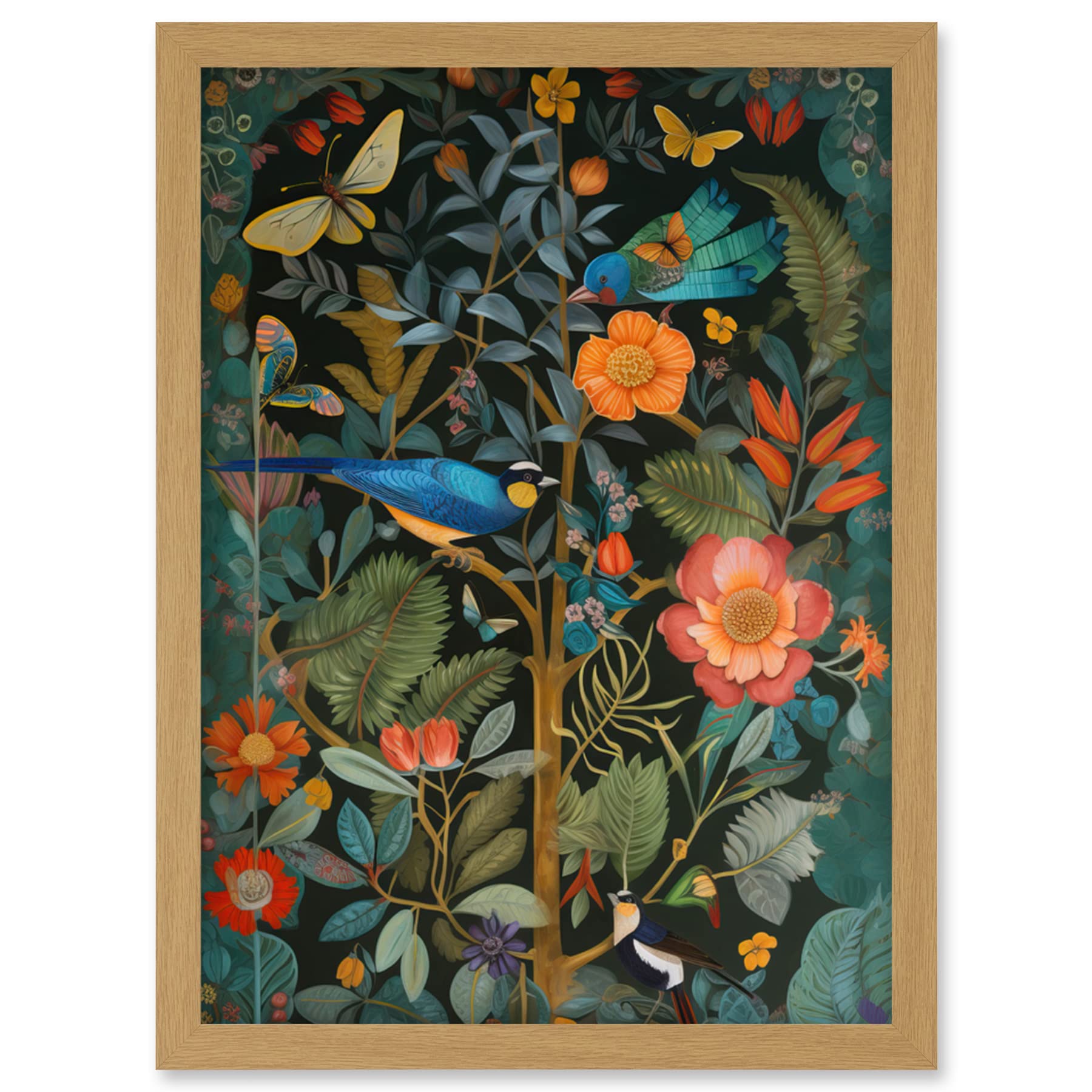 Artery8 Birds and Butterflies Flower Art Nouveau Framed Wall Art Print - Light Oak Frame A4