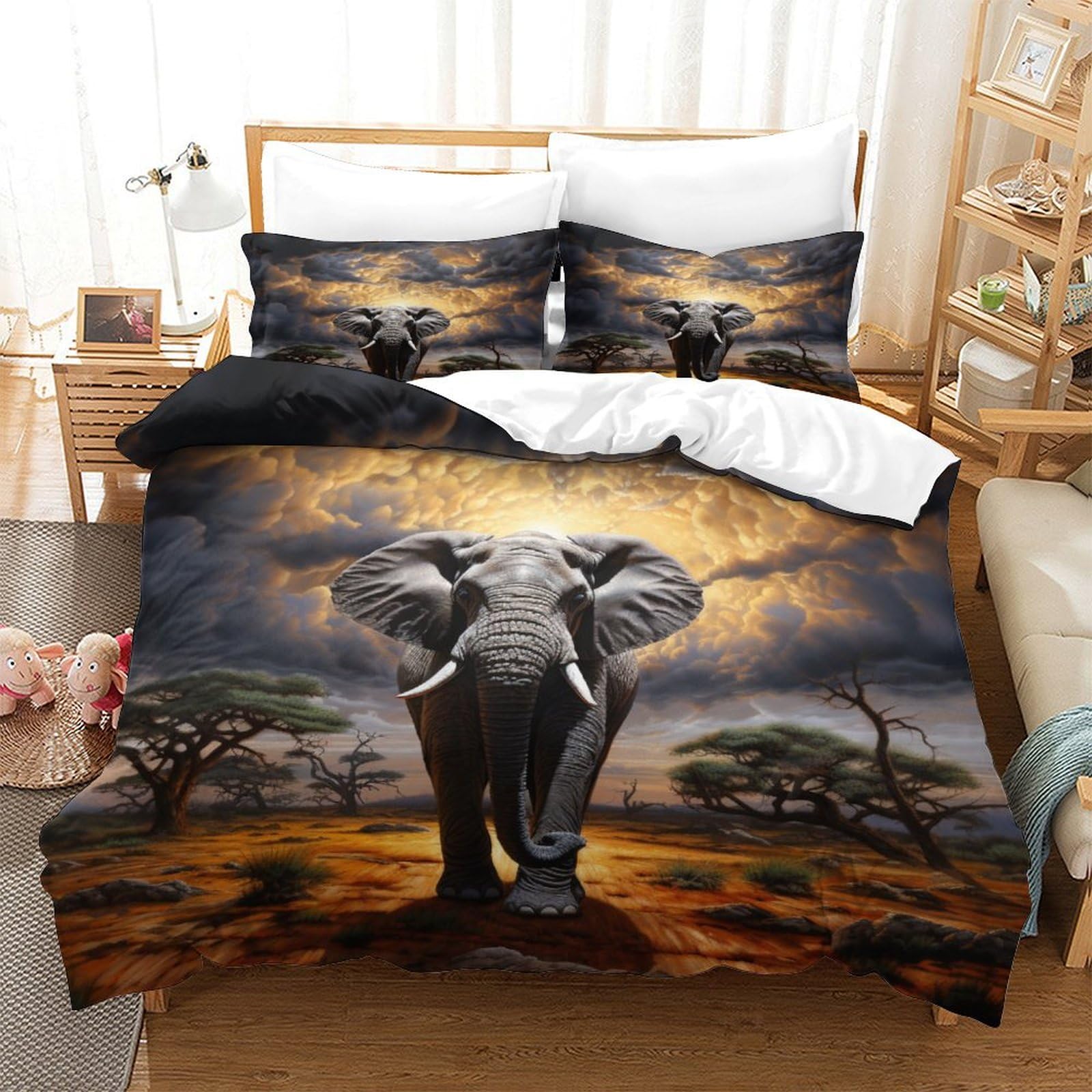Elefanti africani Microfibra Copripiumino Lenzuola Letto Motivo Per Bambini Adulto Set Biancheria,Matrimoniale Con 3 Pezzi Copripiumino,Anti-acaro Facile Da Curare re（220x240cm）