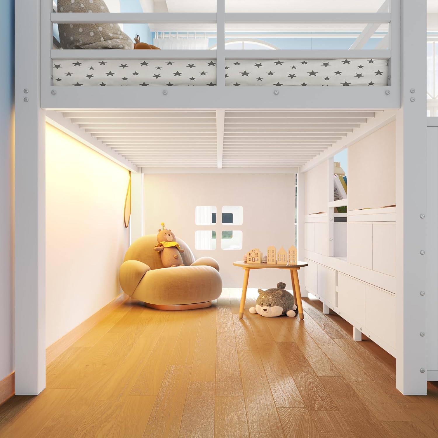 Bellemave Twin Size Loft Bed with 8 Non-Woven Fabric Storage Drawers and Bookshelf, Low Loft Bed with Lights and Private Play Curtain, Twin Loft Beds with High Rails, Noise Reduced White