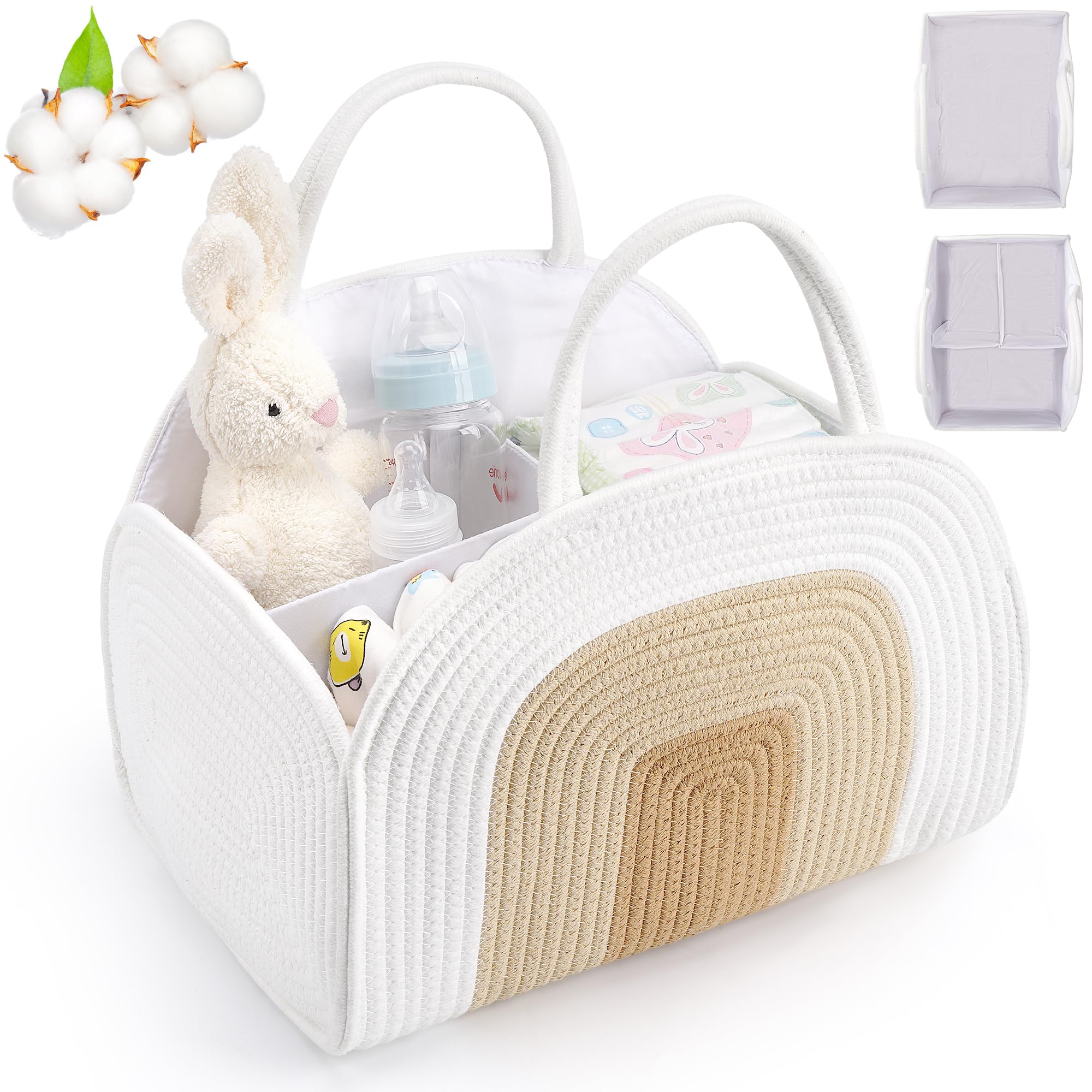 Baby Diaper Caddy Organizer Cotton Rope Diaper Organizer for Changing Table Sturdy Portable Nursery Baby Basket with Detachable