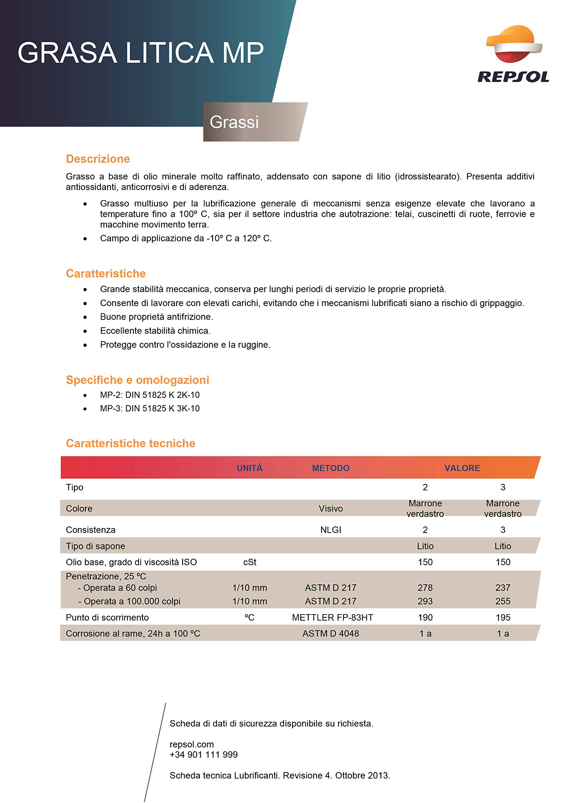 Repsol Grasso Multiuso 5Kg Netti Base Litio Speciale EP 2/3 CG-5 per telai Cuscinetti di Ruote ferrovie e Macchine Movimento Terra
